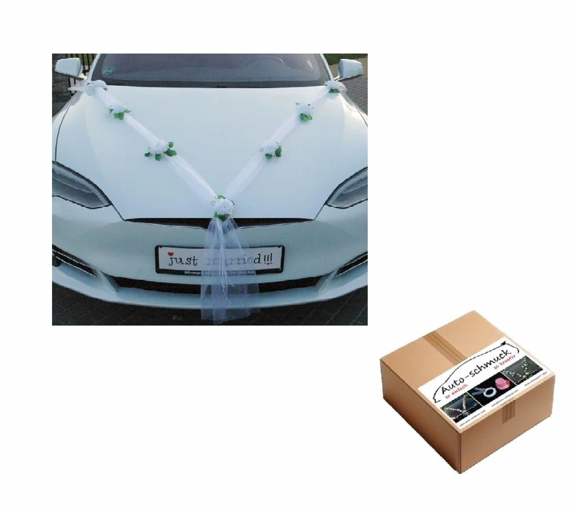 KLASYK Ozdoba samochodowa 100% gotowa dekoracja panna młoda para róża deko ozdoba samochodowa wesele Car Auto Wedding deko girlanda rattan (czysta biel/biała)