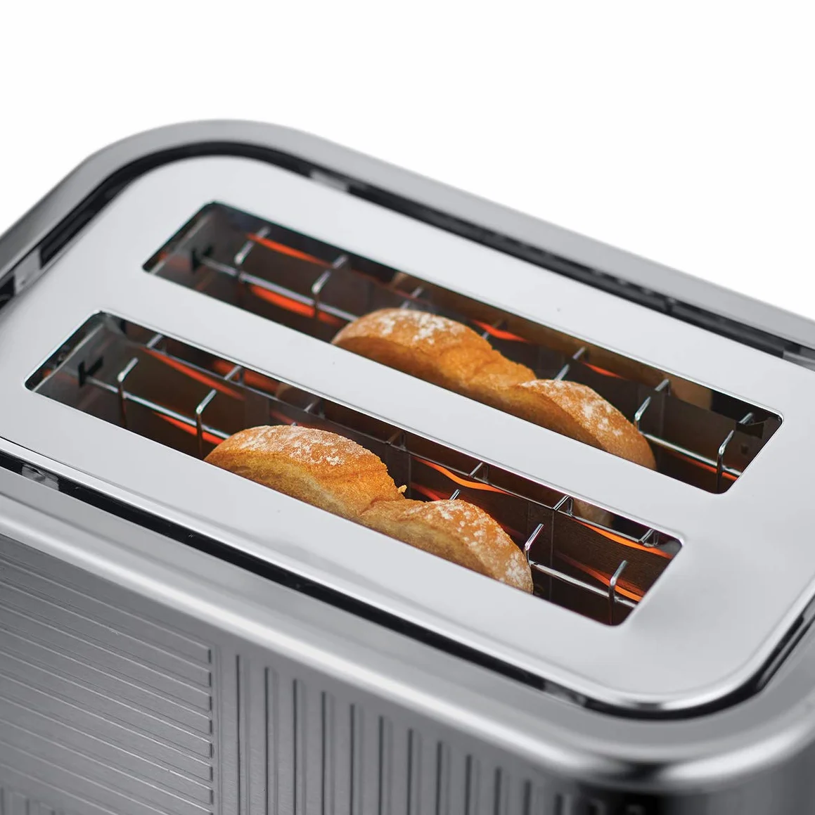 Russell Hobbs Chleb Grid [Dla 2 plasterków] Geo Steel (szerokie otwory, 4 funkcje, szybkie grillowanie/brązowanie, zintegrowany szczypce, podniesienie, podgrzewacz ciastek, podnosi okruchy, 1640W)
