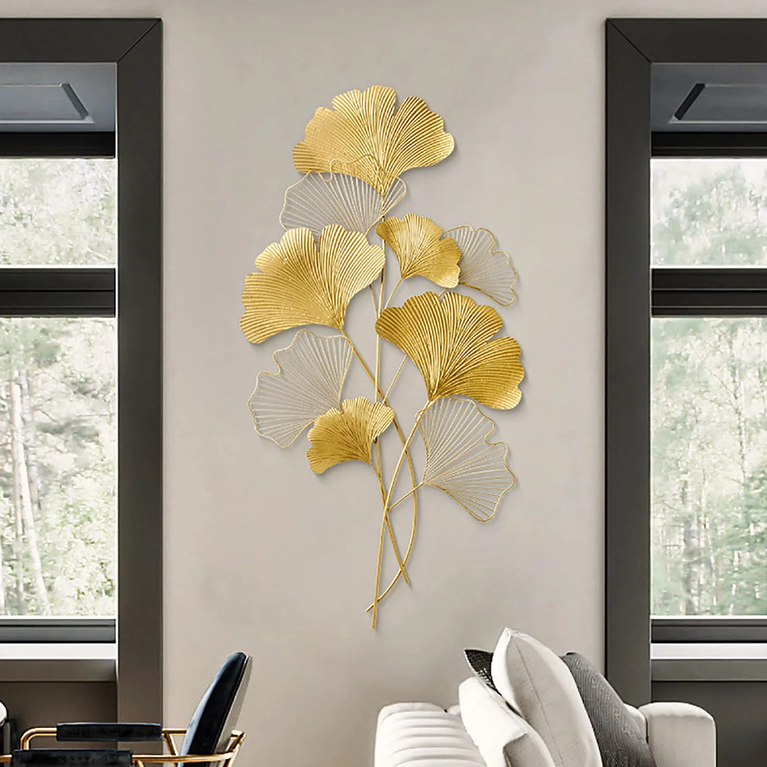 SanBouSi Ginkgo 3D, metalowa dekoracja ścienna, liście, dekoracja ścienna, tło ścienne, dekoracja ścienna do salonu, złota, 110 x 55 cm