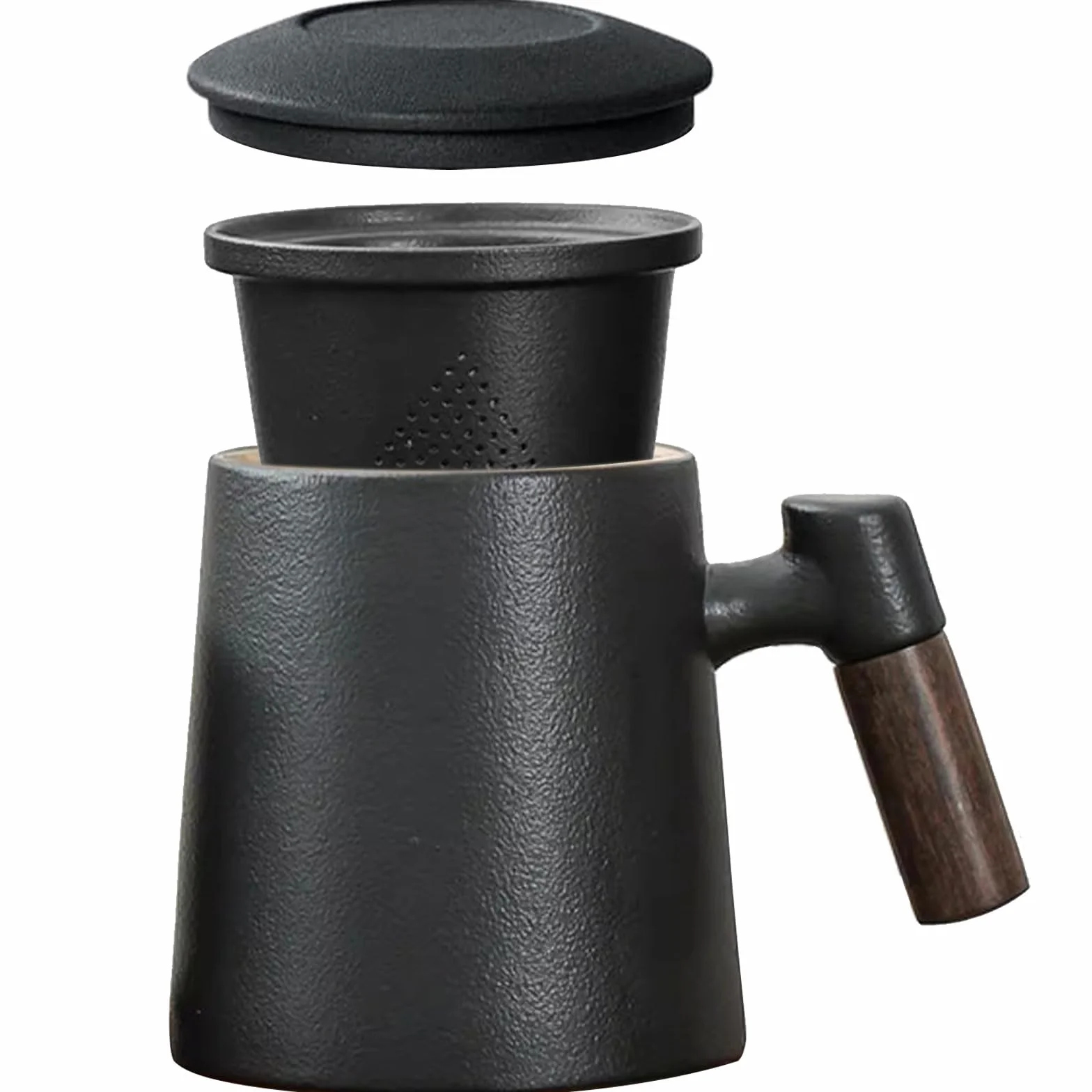 Kubek do zaparzania herbaty z pokrywką i sitkiem, 400 ml, gradientowy, duży kubek z zaparzaczem czarny, matowa ceramiczna filiżanka do parzenia z drewnianym uchwytem, herbata