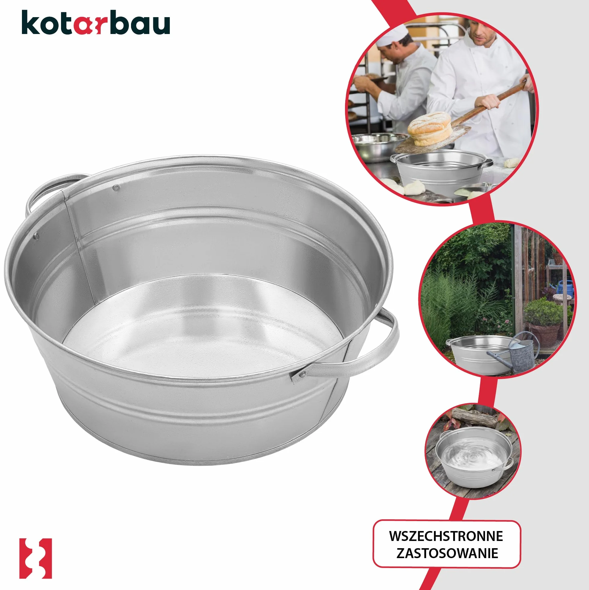 KOTARBAU® Miska Ocynkowana - 13 L - Misa Stalowa z Uchwytami - Miska Metalowa na Kwiaty - Rustykalna