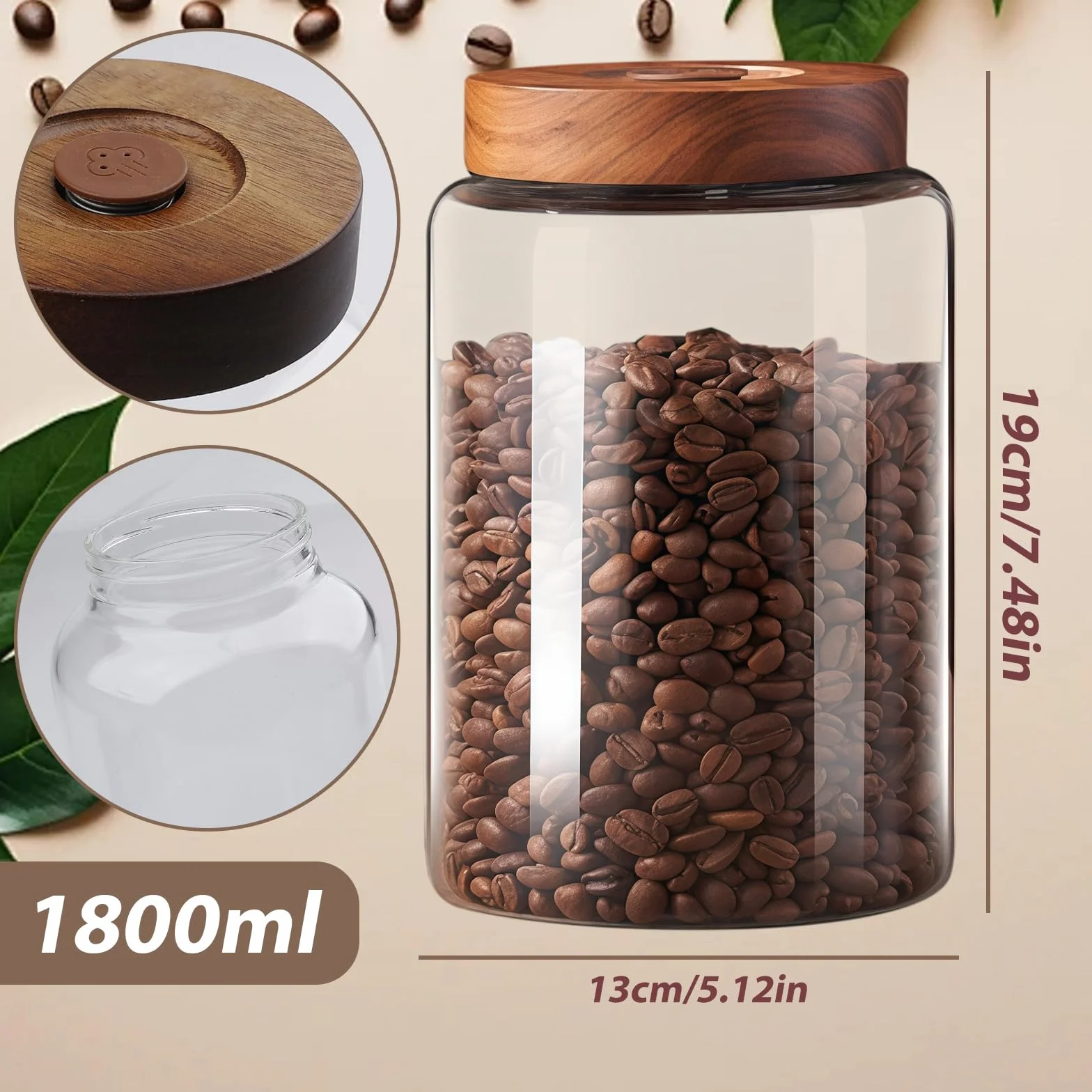 BAIFULAI Próżniowa hermetyczna puszka na kawę ze szkła: 1800 ml, szczelny pojemnik na kawę z zaworem jednokierunkowym i pokrywką, do kawy i wielu innych produktów spożywczych, świeżość i