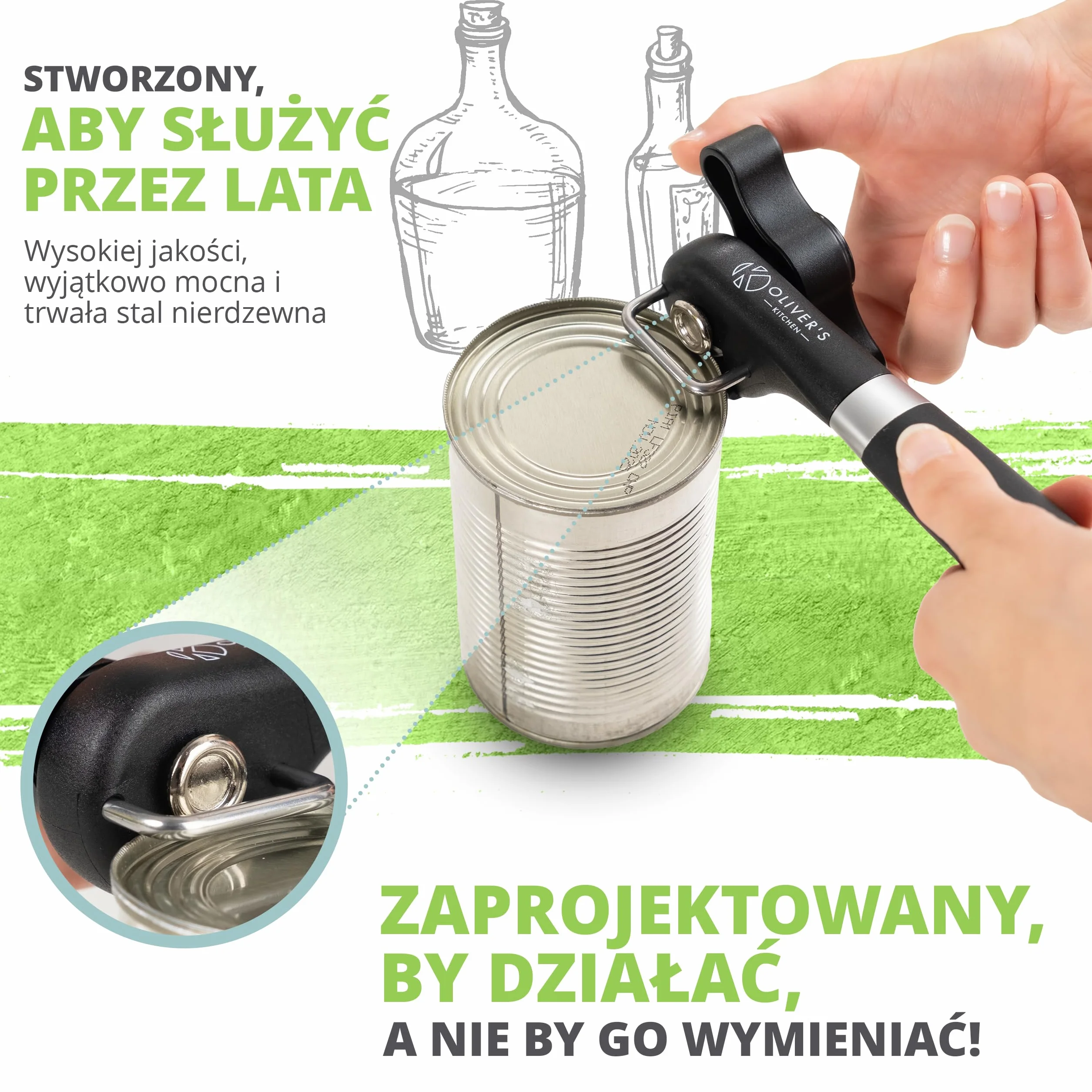 Oliver's Kitchen ® Bezpieczny Otwieracz do Puszek – Solidny Otwieracz do Konserw z Wygodnym Uchwytem – Ręczny Otwieracz Zapobiegający Skaleczeniom – Ostre i Bezpieczne Ostrza