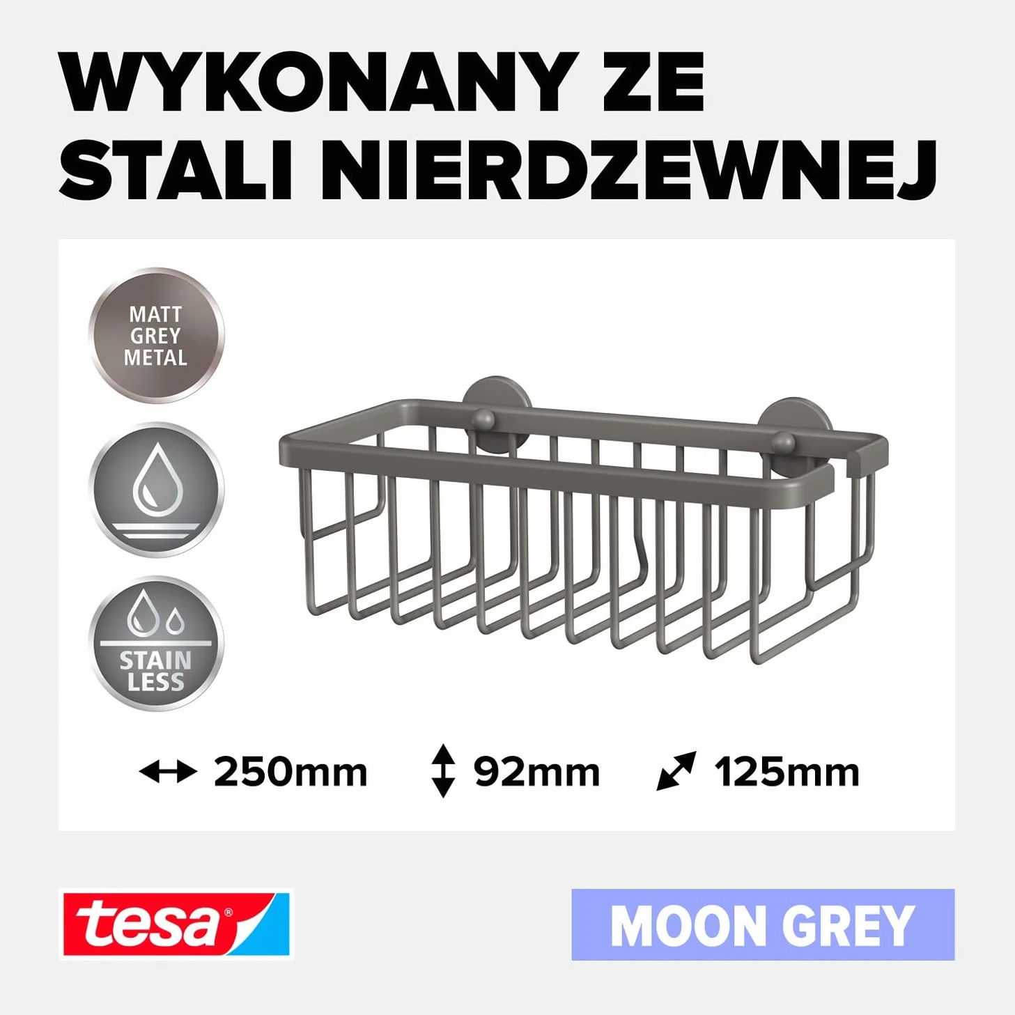 tesa koszyk prysznicowy szary matowy samoprzylepny 92 mm x 250 mm x 125 mm