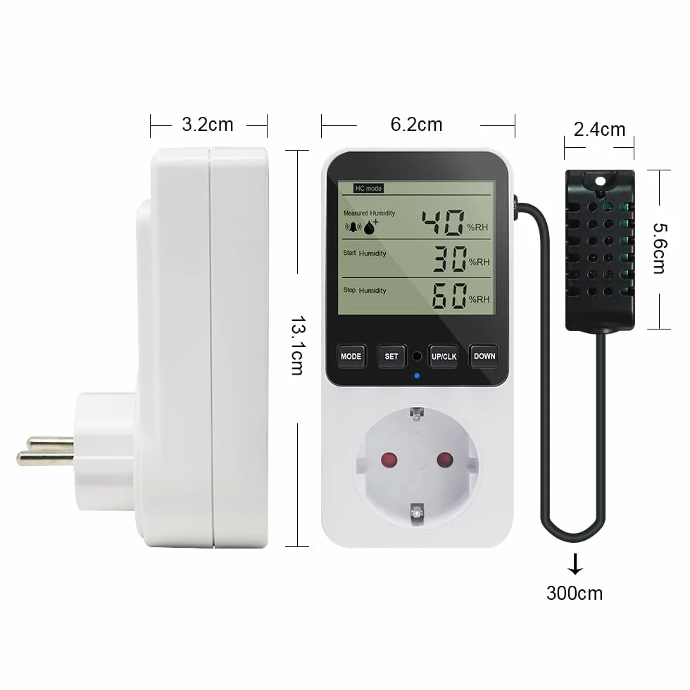 KETOTEK Regulator wilgotności / regulator temperatury gniazdo 230V z czujnikiem, cyfrowy regulator wilgotności higrostat, regulator wilgotności z alarmem do nawilżacza osuszacza terrarium grzybowego