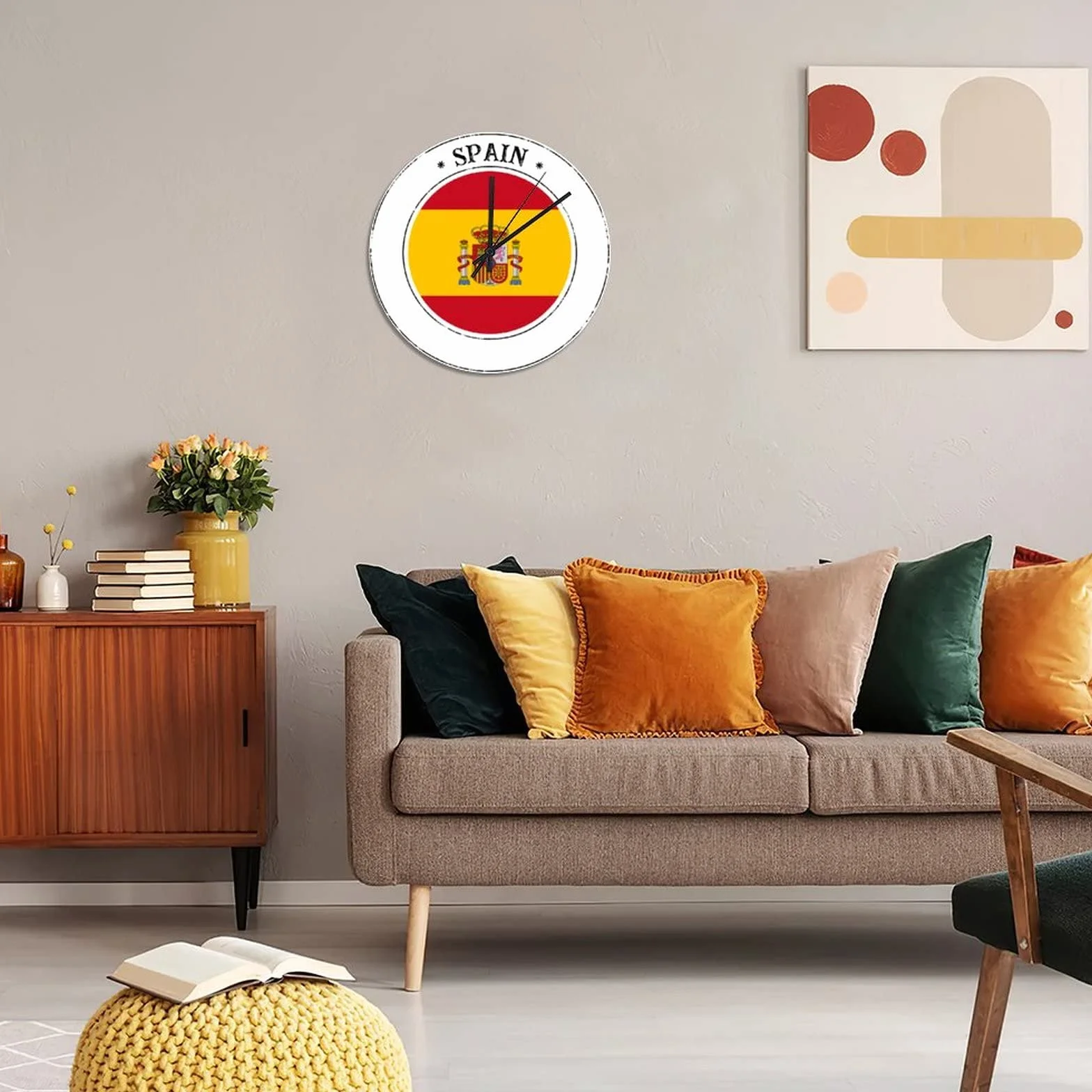 Hiszpania zegar ścienny Hiszpania flaga narodowa zasilana na baterie cichy nietykający zegar 25 x 25 cm do domu kuchni łazienki sypialni salonu dekoracja