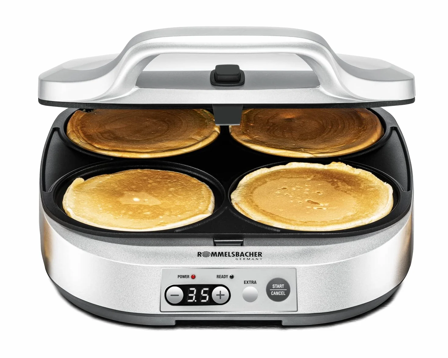 ROMMELSBACHER Pancake Maker PC 1800, 4 wgłębienia do pieczenia o średnicy 13,5 cm, powłoka nieprzywierająca, 15 minut programator czasowy, automatyczne wyłączanie, 1800 W, kolor srebrny