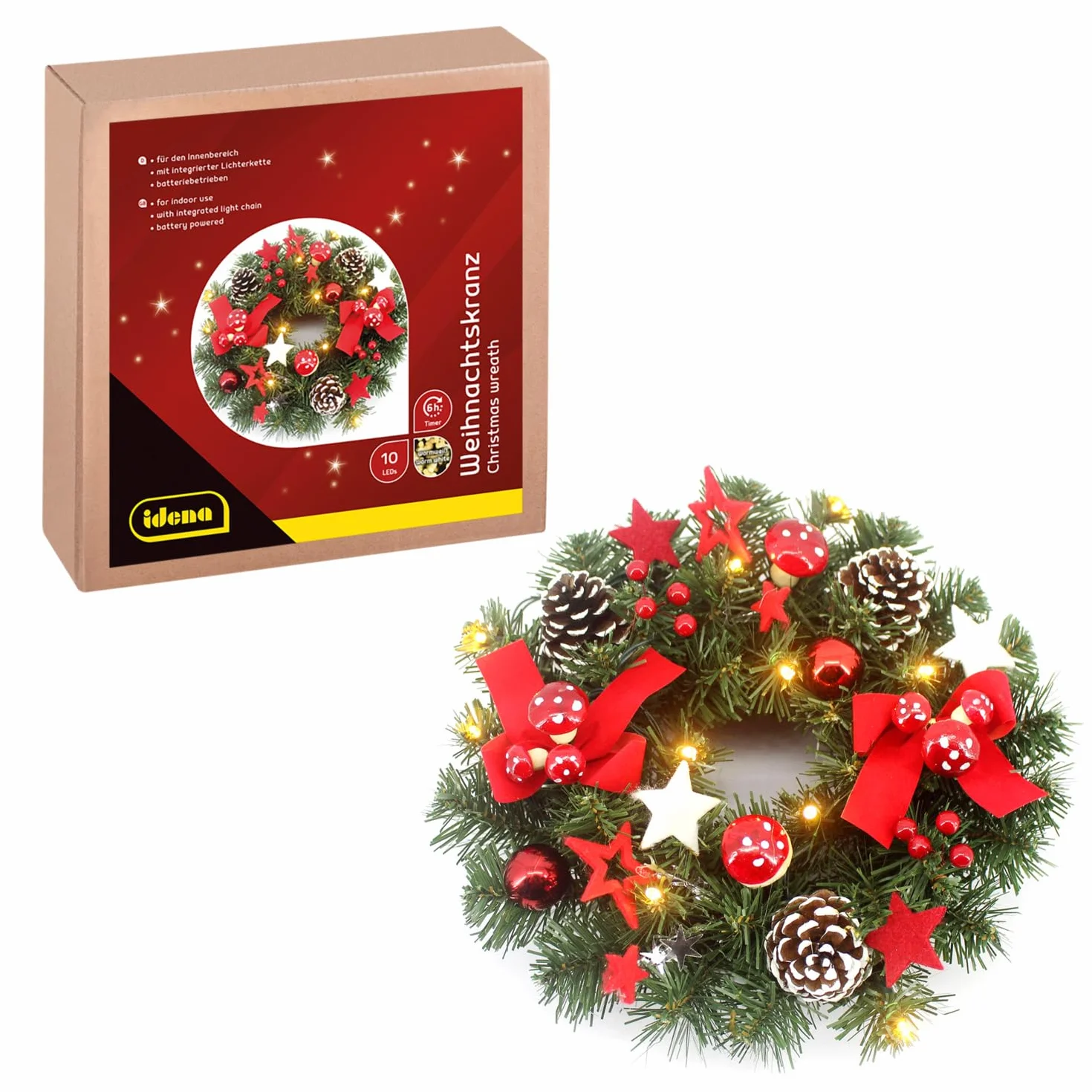 Idena 30546 - Wianek świąteczny LED z lampkami choinkowymi i 10 diodami LED w kolorze ciepłej bieli, ok. 30 cm wysokości, 6-godzinna funkcja timera, zasilany bateryjnie