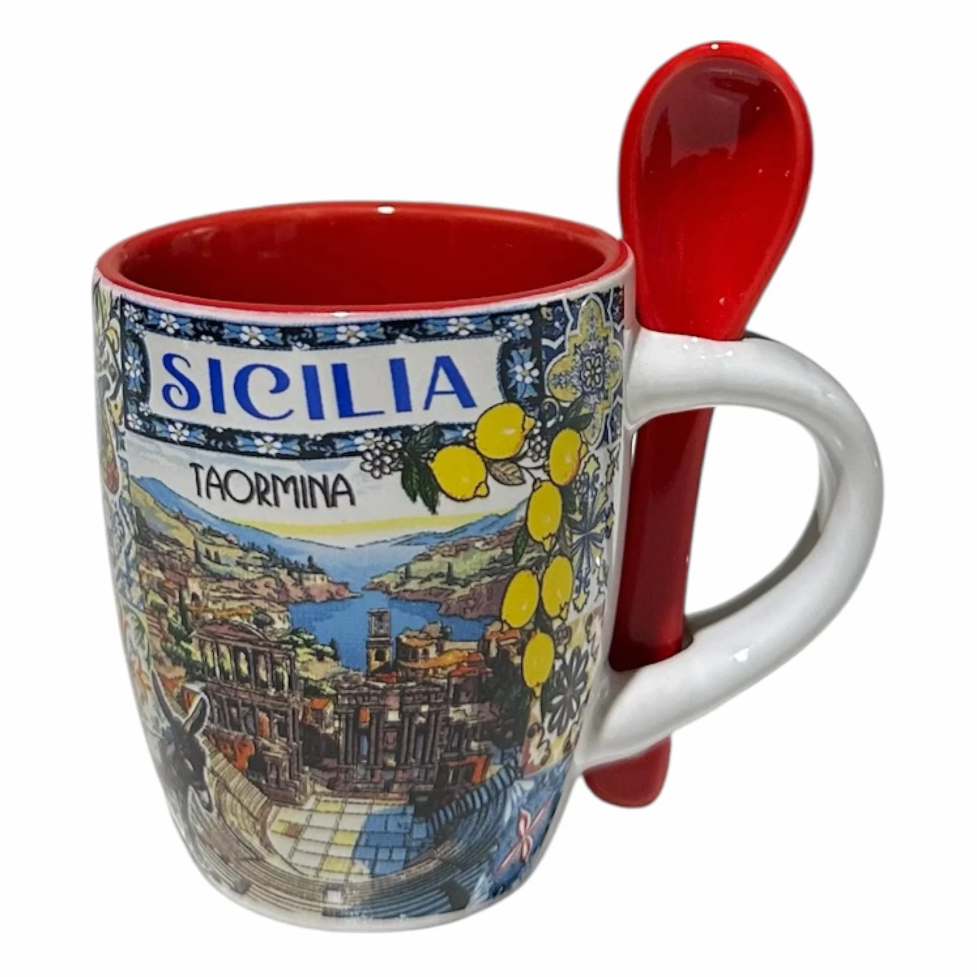 Sycylia Filiżanka do kawy z ceramiką / łyżeczką, ozdobiona filiżanką SOUVENIR, C/DECORO, 7 cm - H, pojemność 70 ml