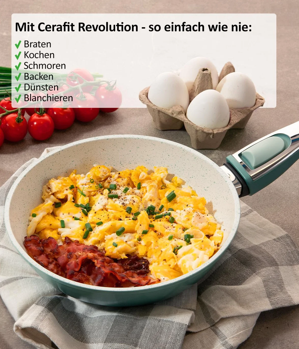 Genius Cerafit Revolution Patelnia 28 cm, ceramiczna powłoka zapobiegająca przywieraniu, bez PFAS, szklana pokrywka, zdejmowany uchwyt