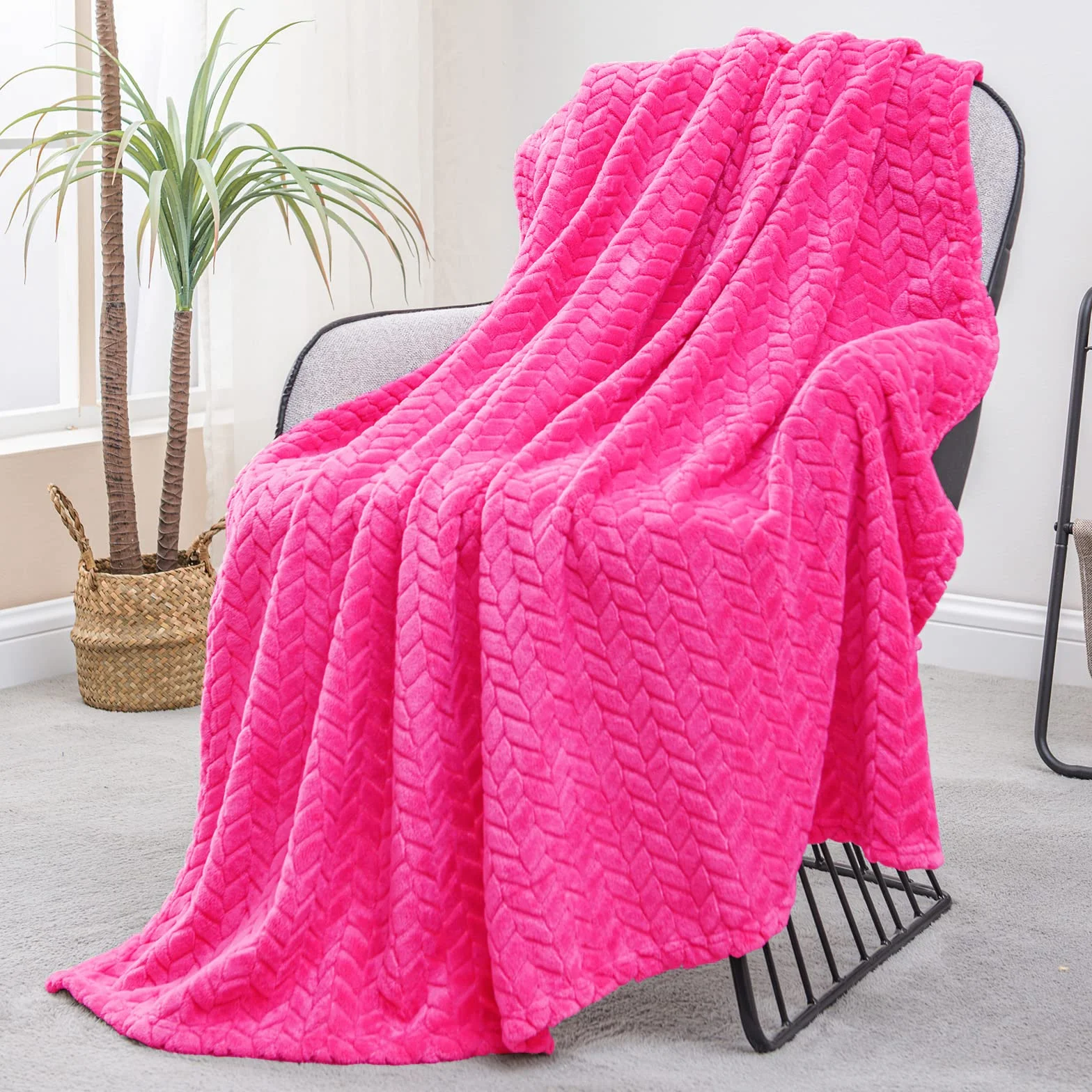 Exclusivo Mezcla Koc polarowy na kanapę i łóżko, 127x178 CM miękki przytulny żakardowy flanelowy koce, lekki puszysty pluszowy ciepły narzuty na wszystkie pory roku, Hot Pink
