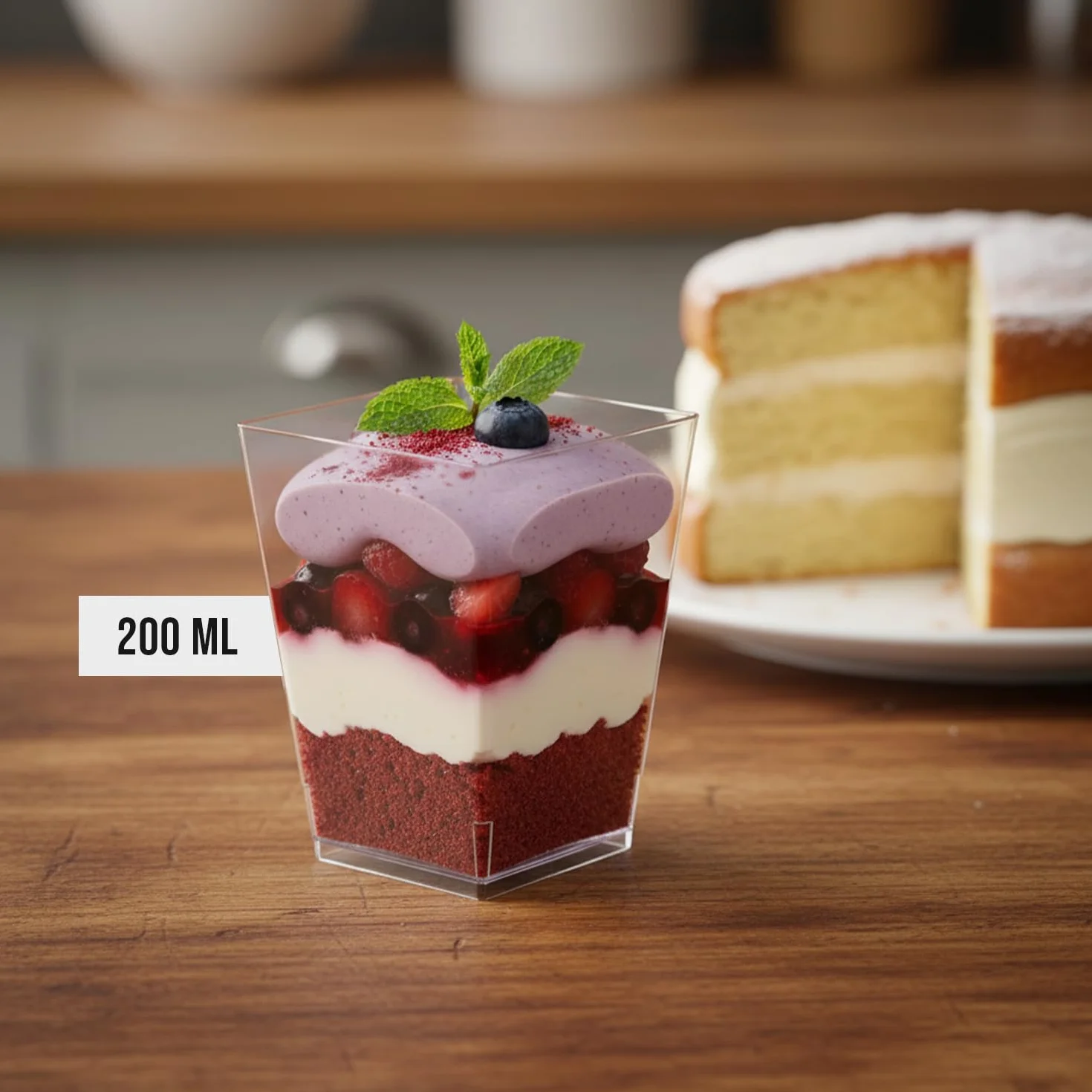 Filiżanki deserowe 200 ml, zestaw 50 szt. – przezroczyste kubki z tworzywa sztucznego wielokrotnego użytku na mus, budyń, tiramisu, sałatkę owocową – kwadratowe szklanki deserowe na