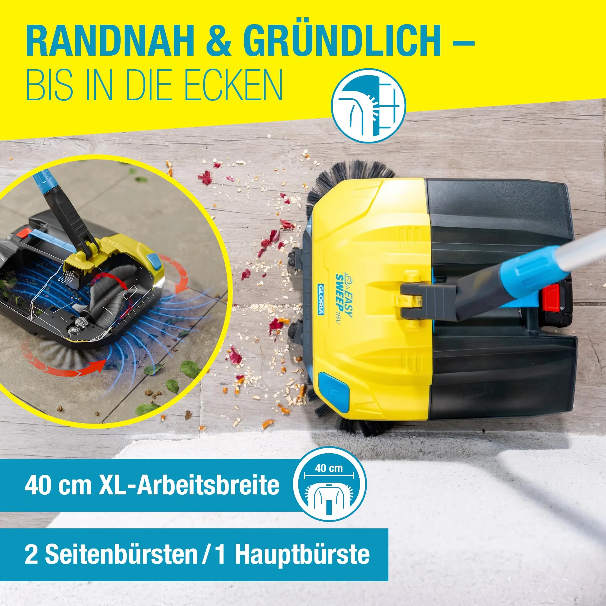 GLORIA Zamiatarka akumulatorowa EasySweep 18 V w zestawie akumulator Bosch 18 V | elektryczna szczotka akumulatorowa i miotła do użytku wewnątrz i na zewnątrz | wjazd, chodnik, taras, garaż i liście |