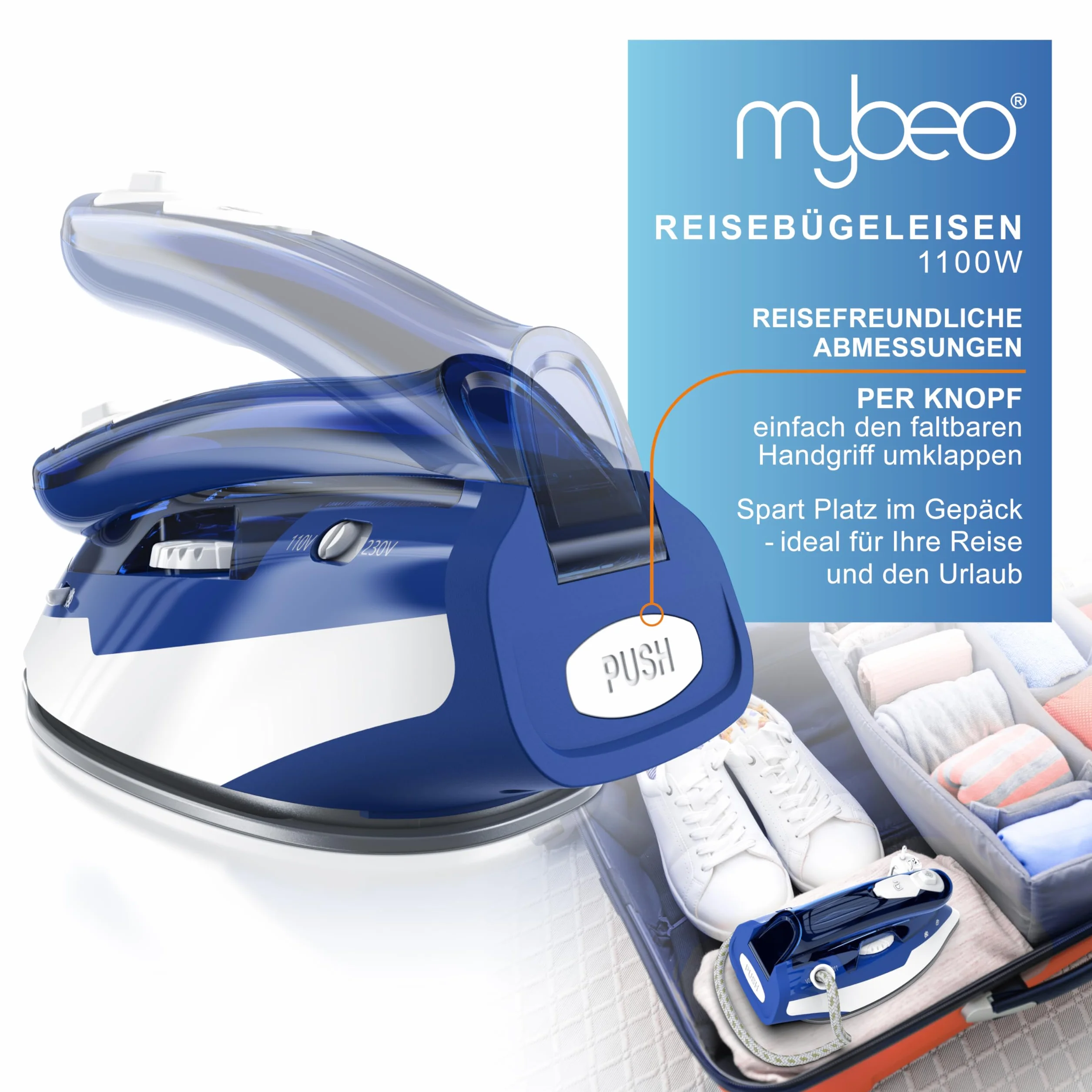 MyBeo – żelazko turystyczne 1100 W – żelazko parowe – Dual-Voltage 110/230 V – mini żelazko z nieprzywierającą stopą żelazka – 3-stopniowa regulacja, składane żelazko podróżne, małe i lekkie