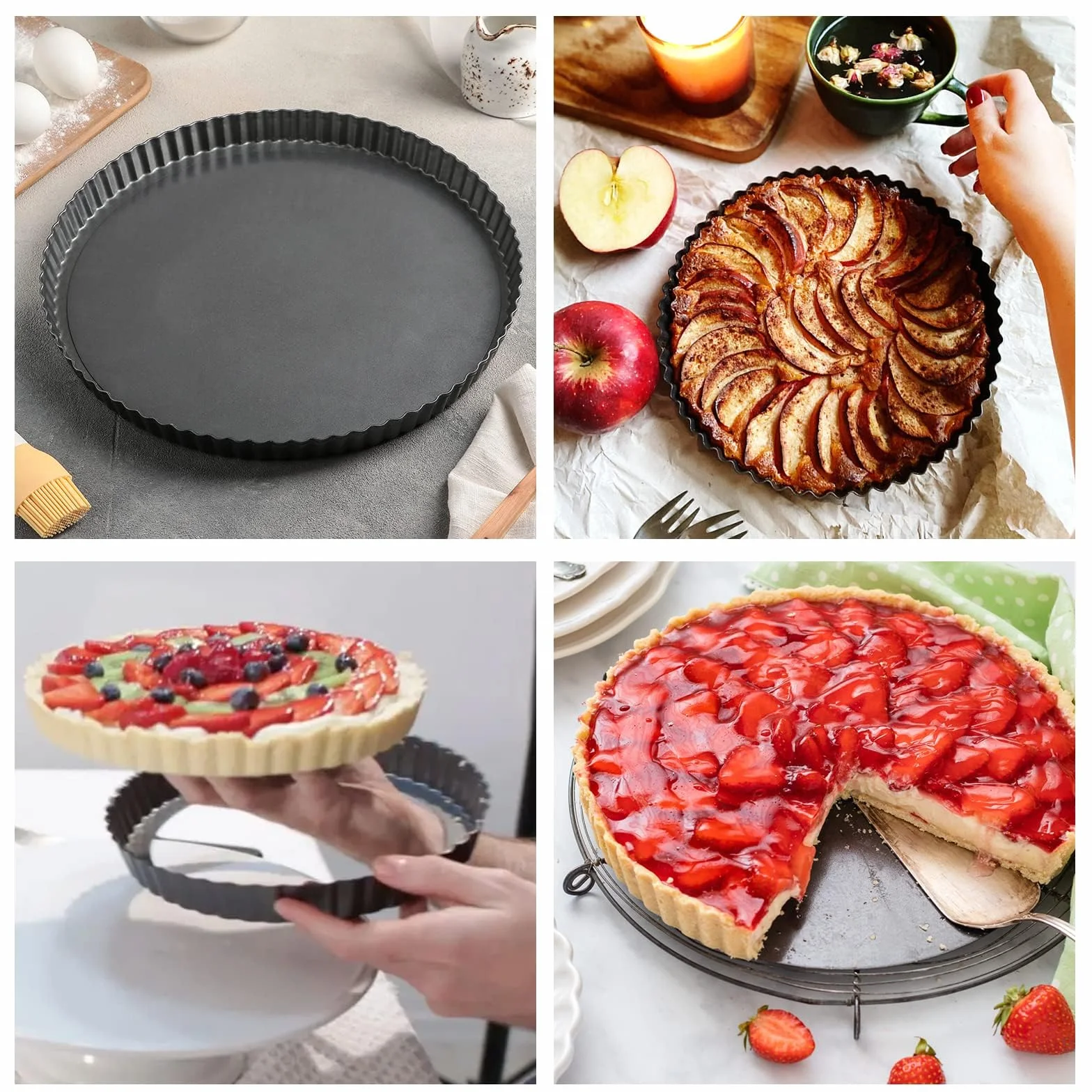 O-Kinee Nieprzywierająca patelnia Quiche, Quiche i Ciasta ze zdejmowaną podstawą, foremką do ciasta i rowkami (22 cm)