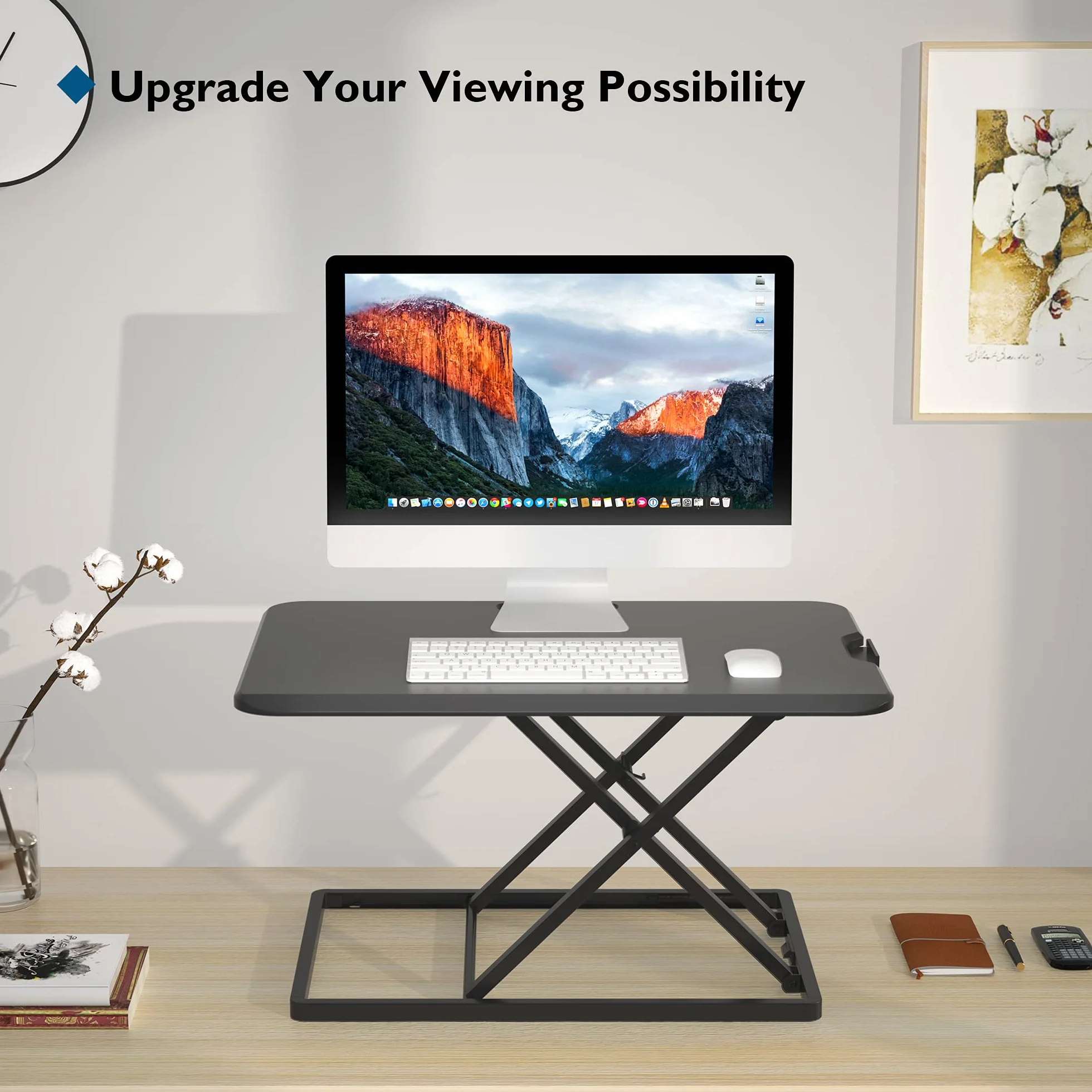 BONTEC Sit-Stand Biurko Konwerter, Regulowany Ergonomiczny Podnośnik na Biurko, Platforma 67x47cm, Wysokość 45-398 mm, Stacja Robocza na Monitor i Klawiaturę, Obciążenie do 8 kg, Czarny