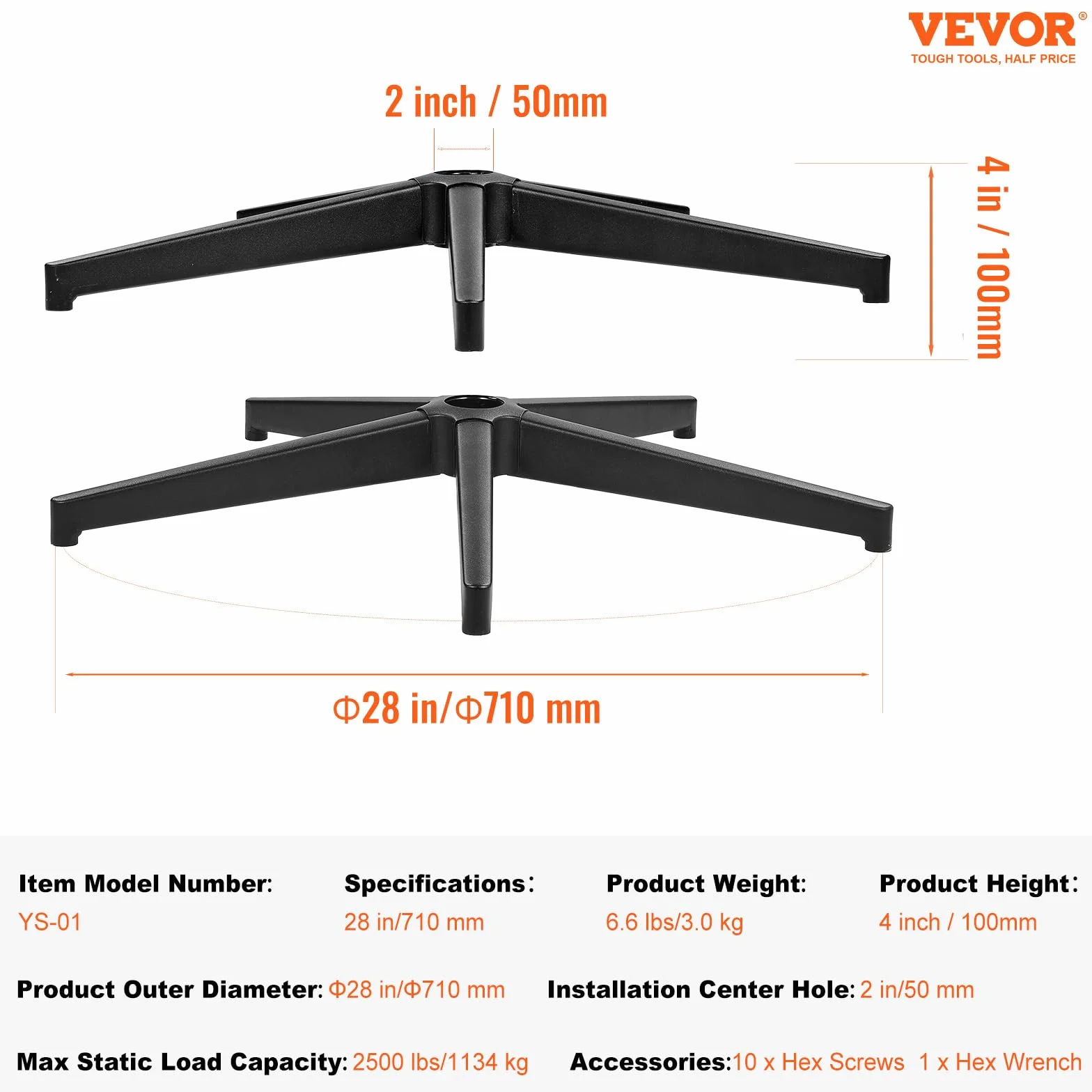 VEVOR Podstawa krzyżowa, Φ710 mm, nośność statyczna 1134 kg, krzesło obrotowe, chrom, wytrzymały taboret biurowy, część podstawowa ze wzmocnionymi metalowymi nogami, części zamienne do podstawy