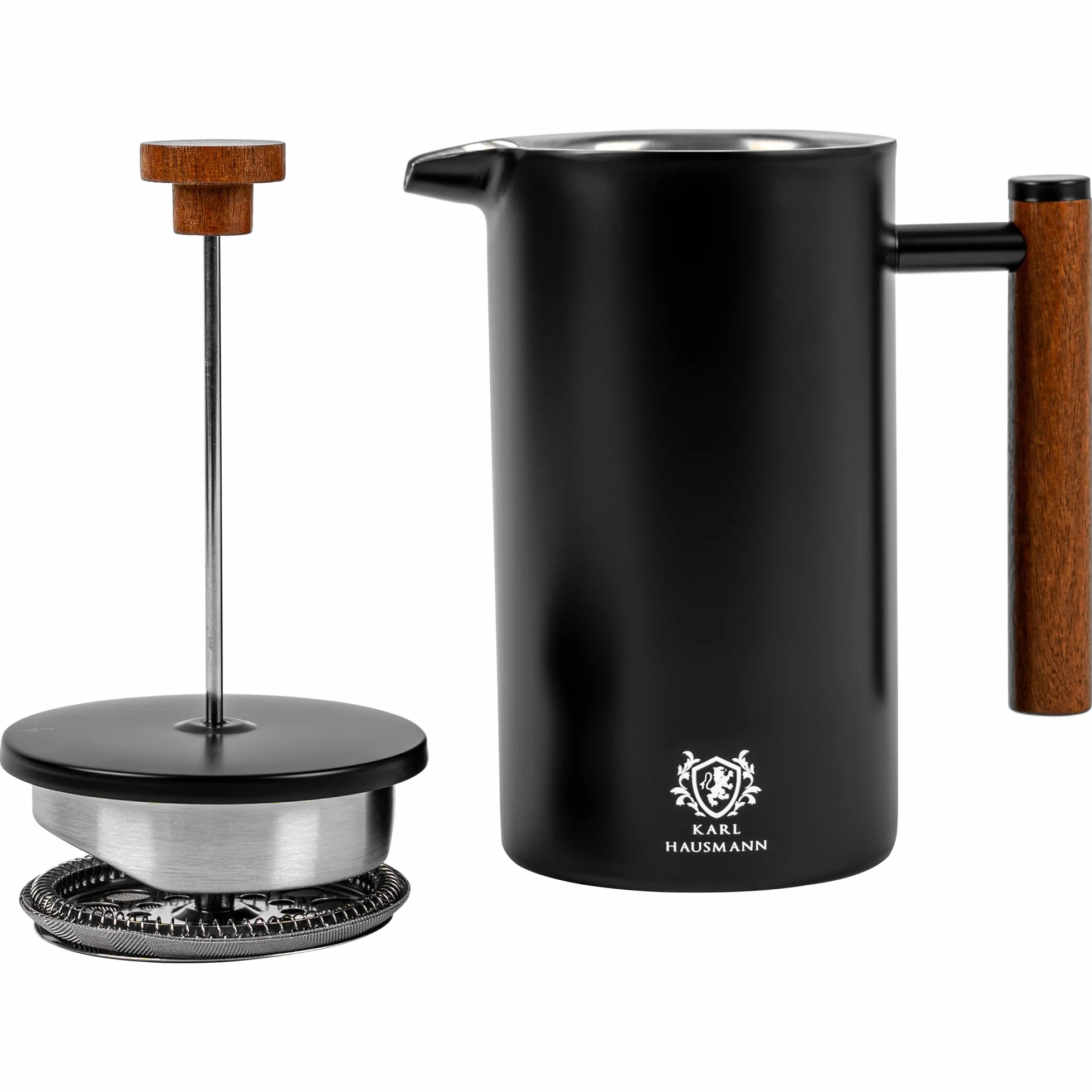 KARL HAUSMANN Zaparzacz do Kawy French Press 1L – Czarny Satynowy – Stal Nierdzewna 18/8 – Dwuścienny, Termiczny, Tłokowy Zaparzacz do Kawy i Herbaty – Elegancki Design, Pokrywka, Łatwe Czyszczenie