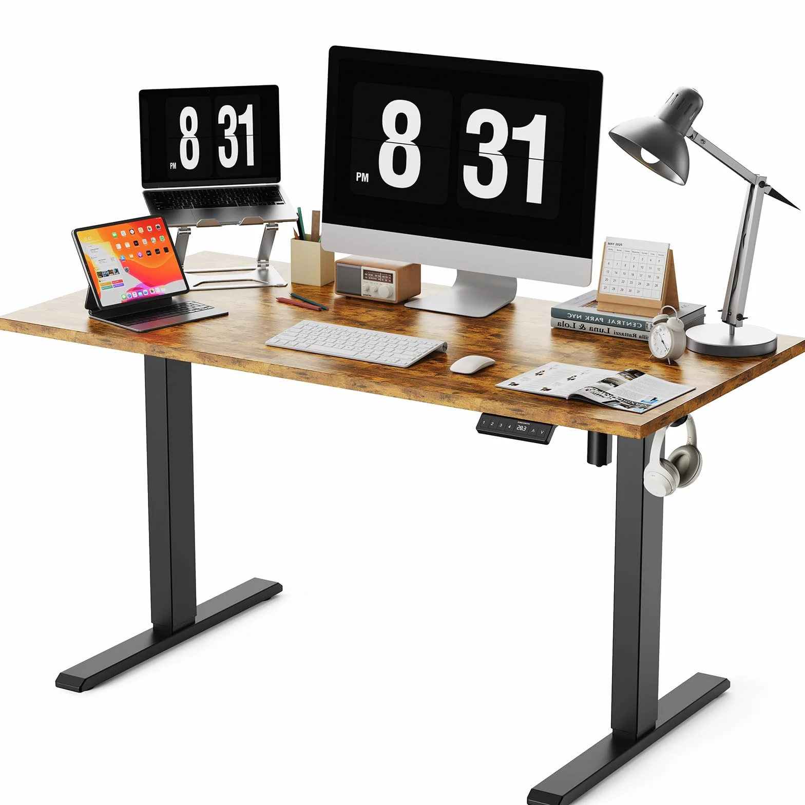 WALKINGDESK Biurko z elektryczną regulacją wysokości, 140x70 cm biurko elektryczne do pracy na stojąco i na siedząco, Jednoczęściowy blat stołu, Rustiek Bruin