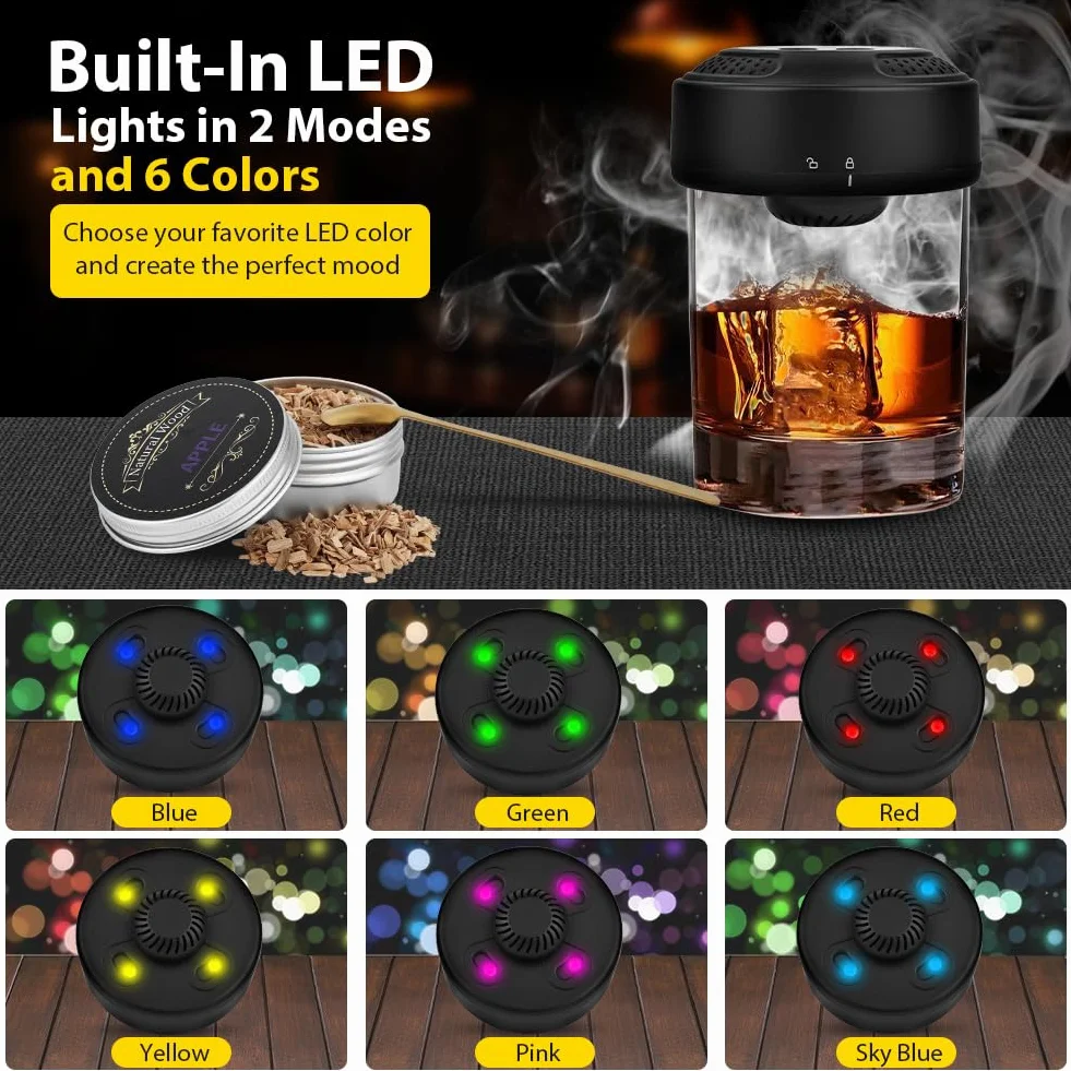 URAQT Zestaw wędzarki do whisky, 6 smaków wiórów drzewnych, zestaw do wędzenia whisky, klasyczny wędzarka do whisky z oświetleniem RGB, wędzarka na napoje, dla mężczyzn, ojca, męża