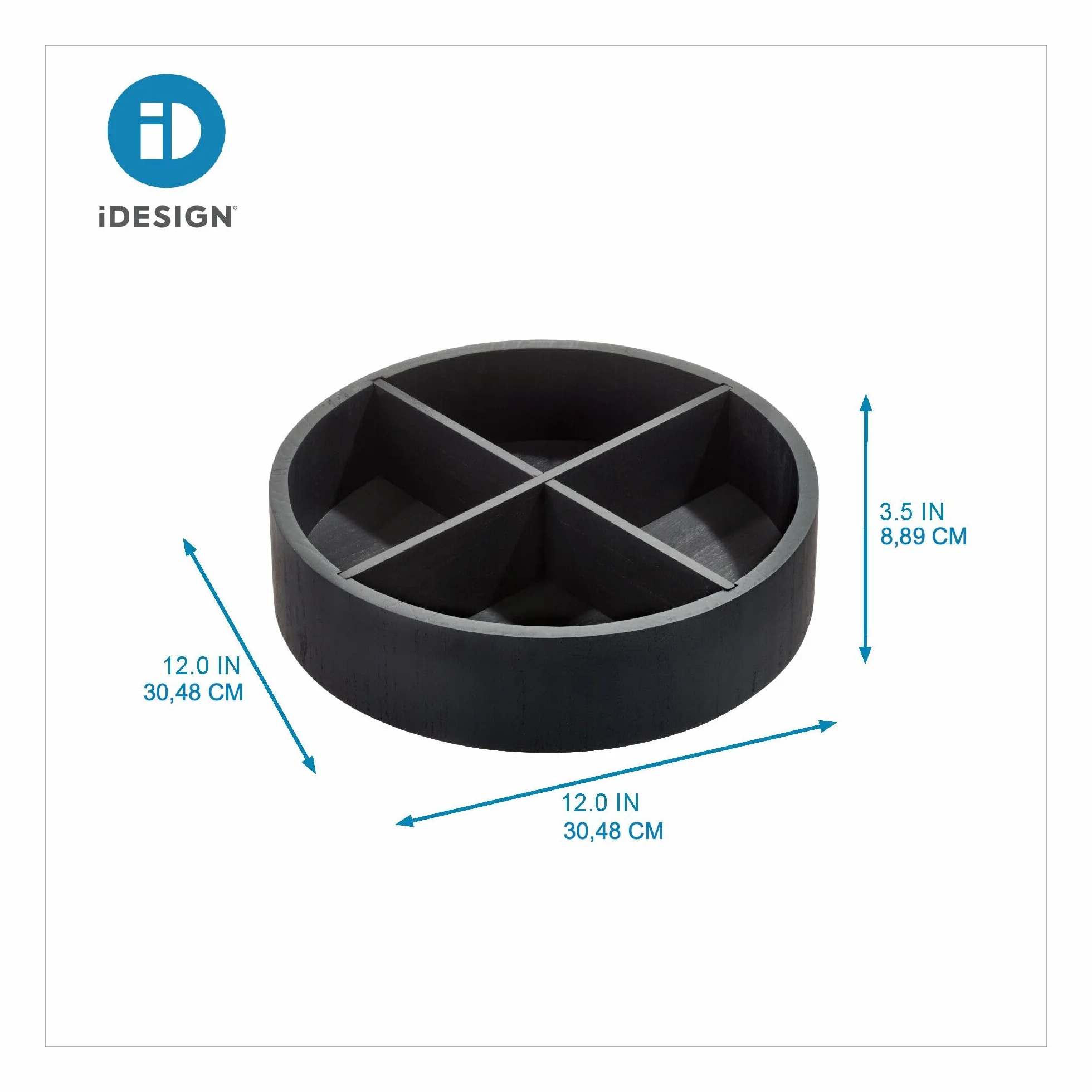 The Home Edit by iDesign 30,5 cm gramofon Lazy Susan z wyjmowaną przegrodą, czarny drewno Paulownia