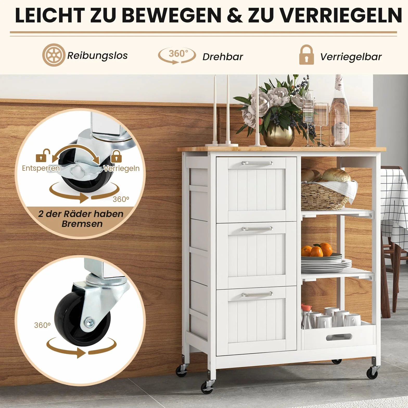 COSTWAY Wózek Kuchenny z Tacą 2 Poziomy 3 Duże Szuflady Regał Magazynowy Wyspa Kuchenna z Drewna Kauczukowego i Sosnowego 67x37x82,5 cm