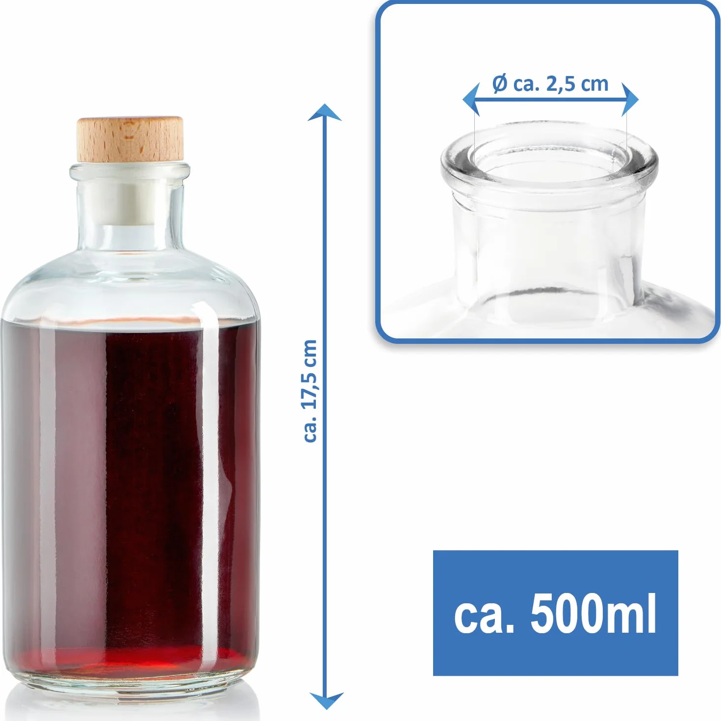 6x Szklane Butelki 500 ml z Korkiem, Pojemniki do Napelniania Olejem, Octem lub Alkoholem