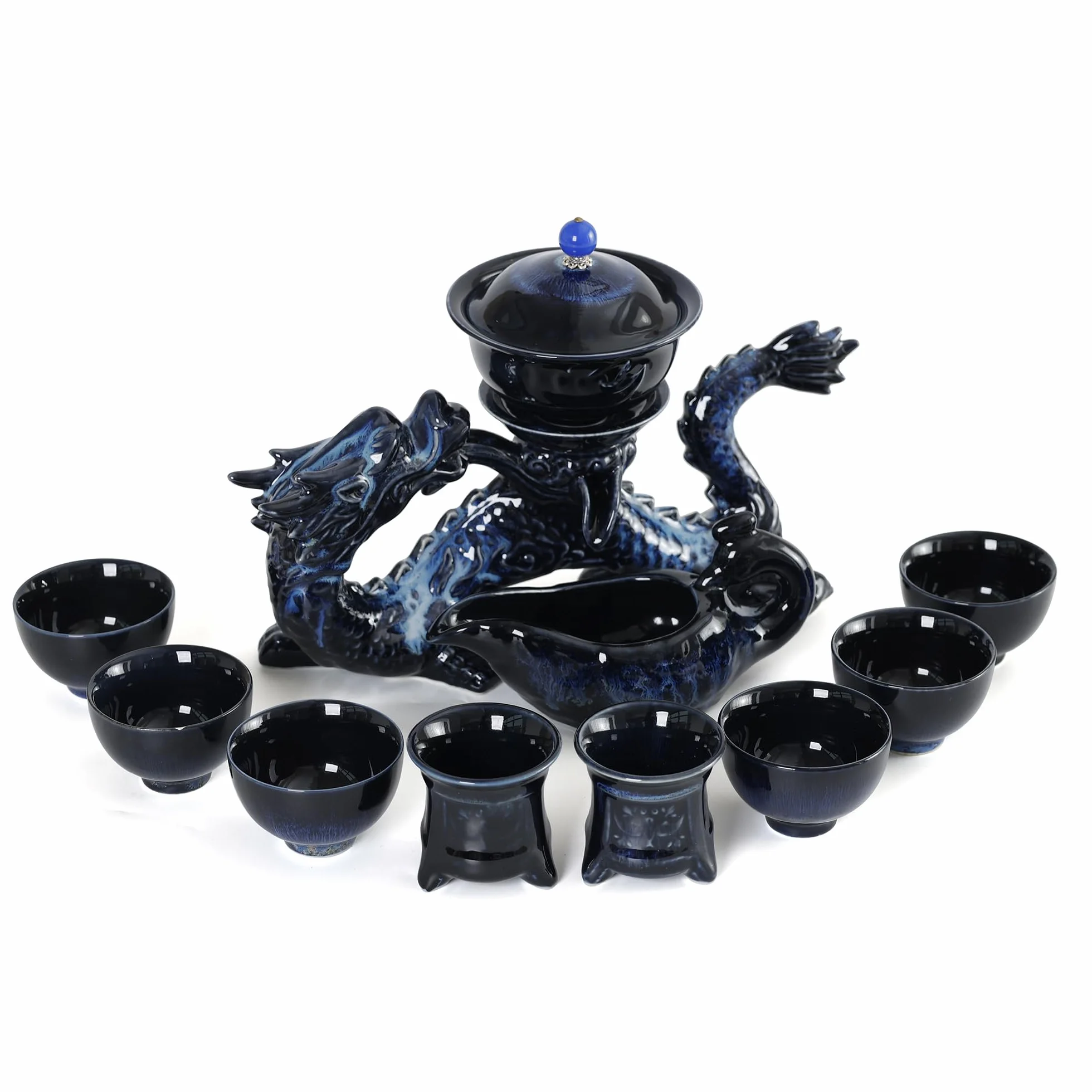 Fanquare Półautomatyczny Zestaw do Herbaty Niebieski Chiński Loong Kungfu Czajniczek Filiżanki 11-częściowy Tradycyjny Porcelanowy Serwis do Herbaty