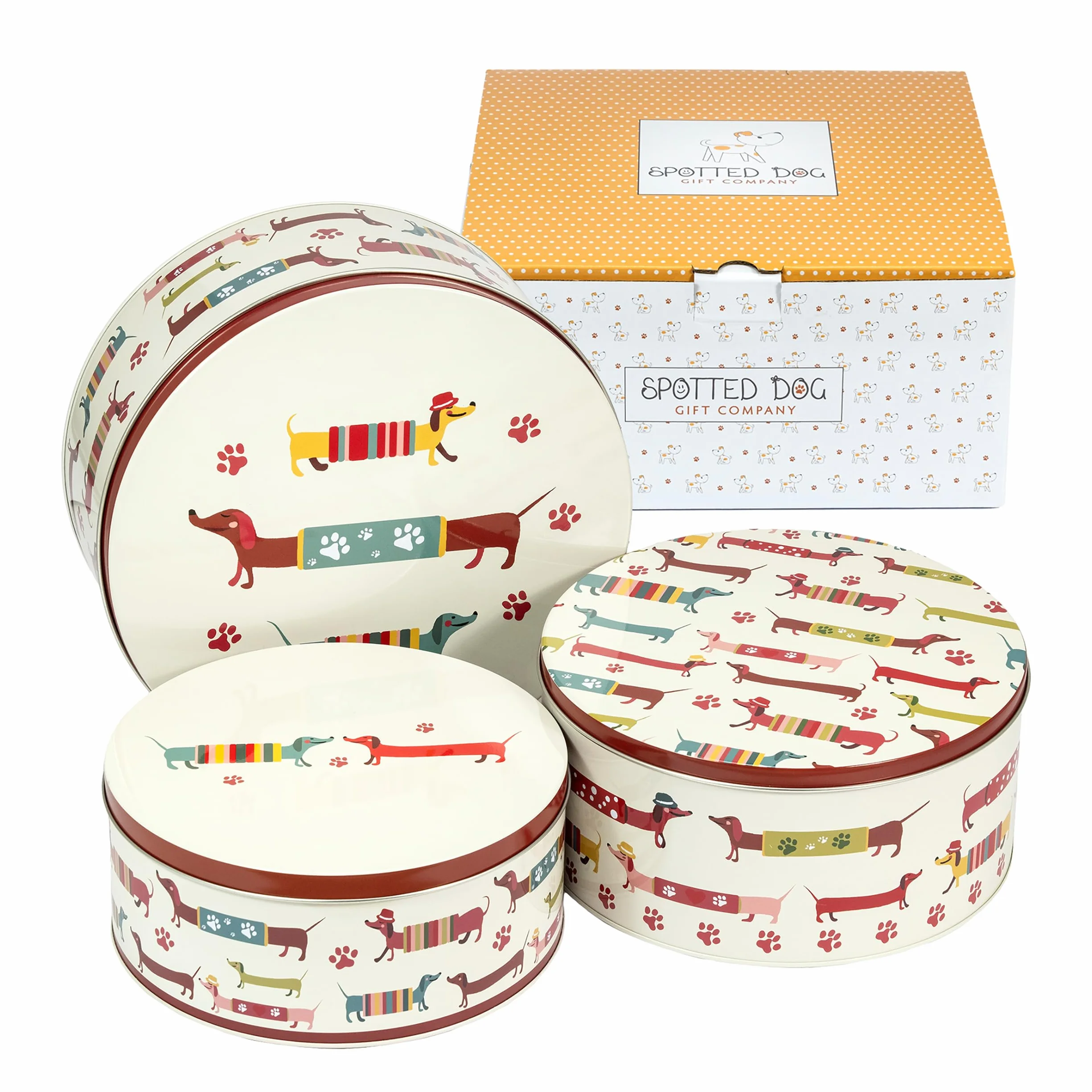 SPOTTED DOG GIFT COMPANY Zestaw 3 puszek do przechowywania ciast, okrągłe zagnieżdżające się puszki na ciasta do przechowywania ciast i ciasteczek, sztaplowalne hermetyczne pojemniki na ciastka