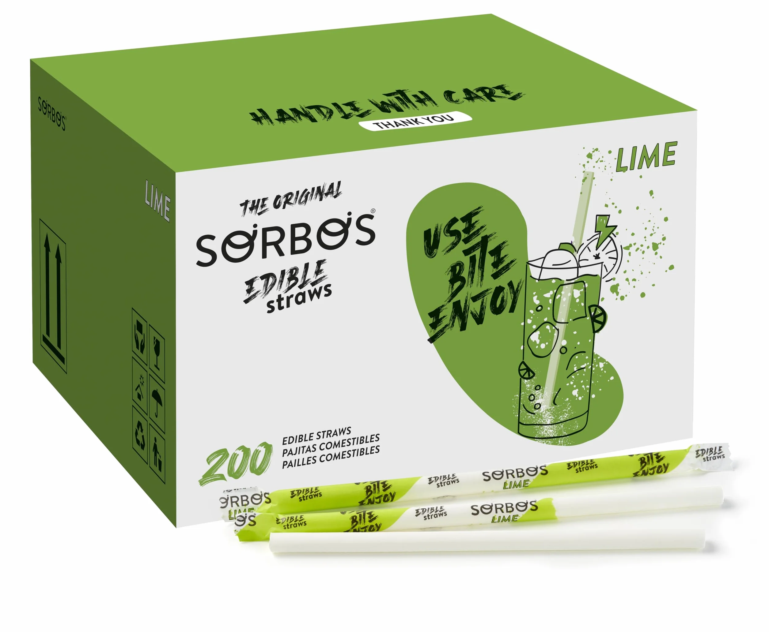 Sorbos - Słomki jadalne o smaku limonki. Zrównoważony, indywidualnie pakowany, wolny od alergenów, bezglutenowy, w 100% biodegradowalny (200 sztuk)