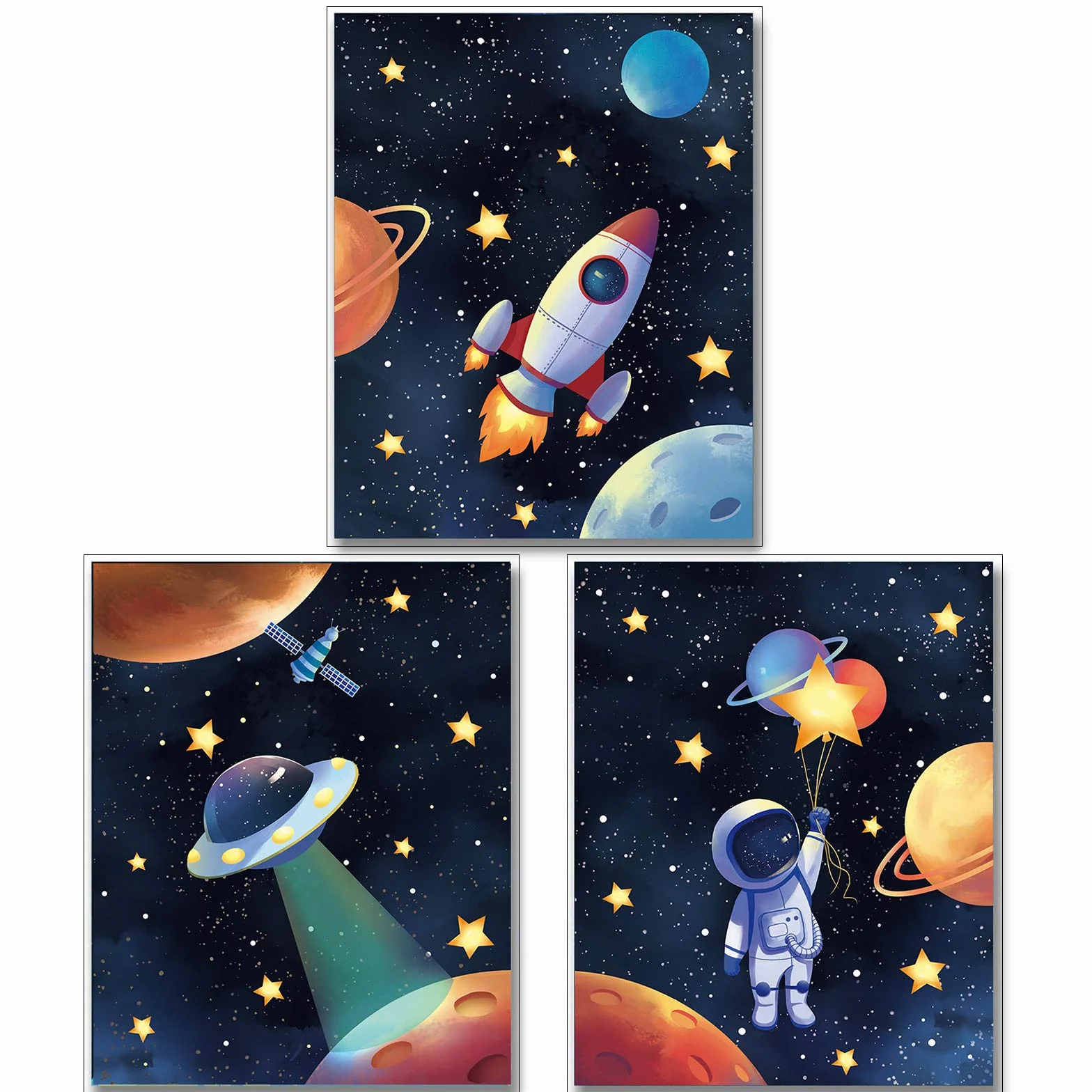 MWOOT Kosmiczny astronauta, płócienny plakat do sypialni chłopców, dekoracja ścienna, 3 szt. pokój zabaw dla dzieci, druk na ścianę (30 x 40 cm), układ słoneczny, rakieta, plakat ścienny, duży