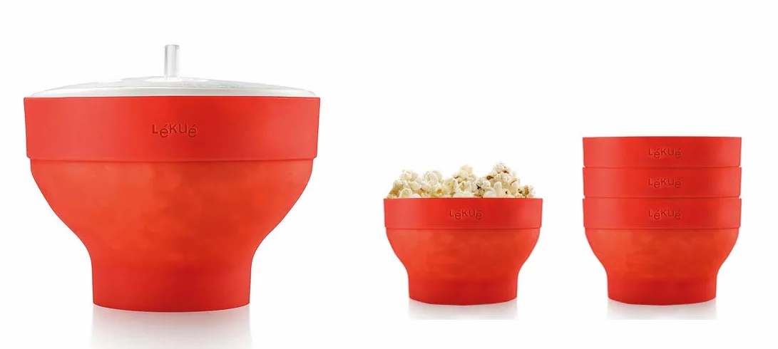 Lékué Zestaw Popcorn XL + 4 silikonowe miski do mikrofalówki, czerwony