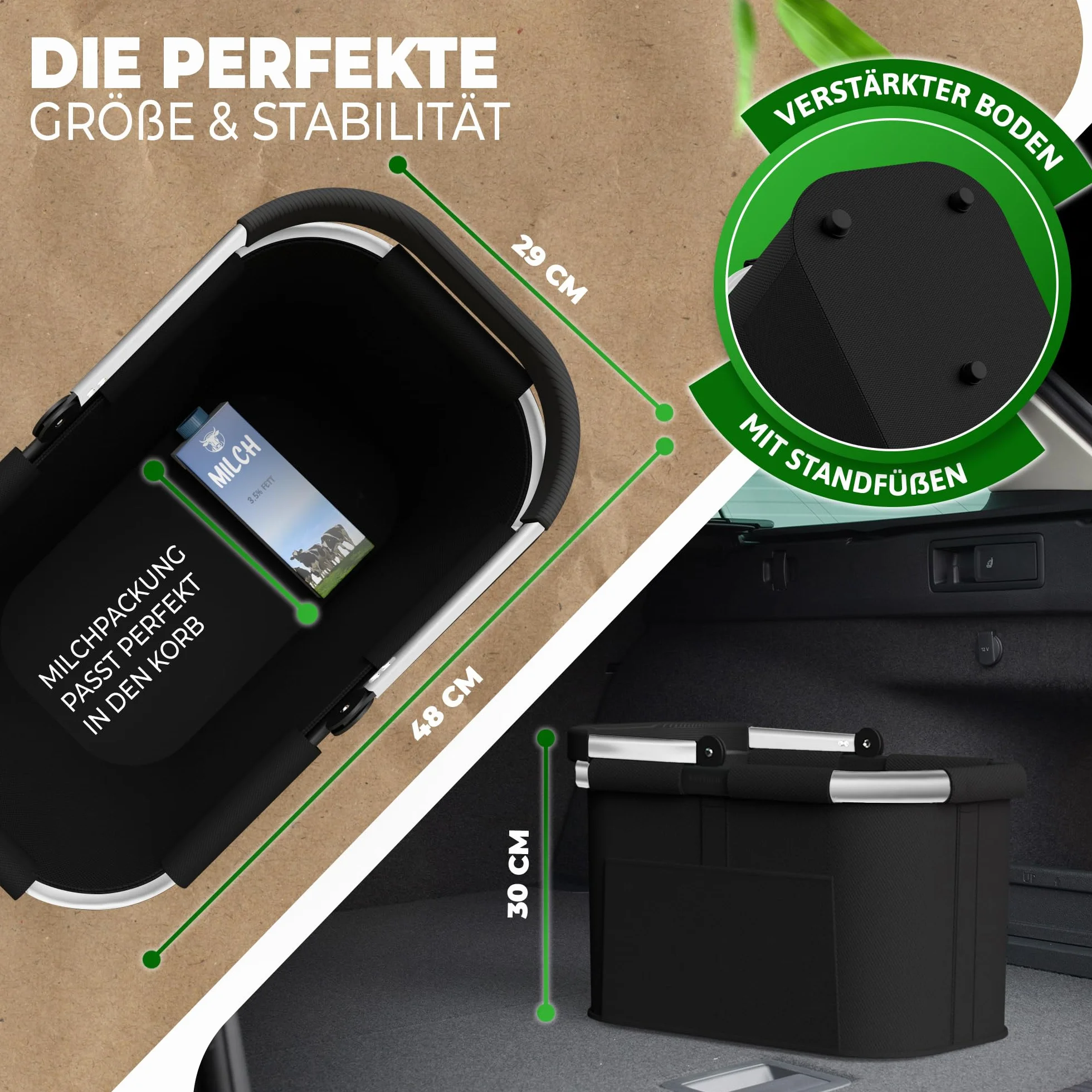 Cottara Stabilny duży kosz na zakupy o pojemności 30 l, z uchwytem i wzmocnioną podstawą, przednia przegródka i wewnętrzna kieszeń z zamkiem błyskawicznym, idealny jako torba na zakupy, kosz piknikowy