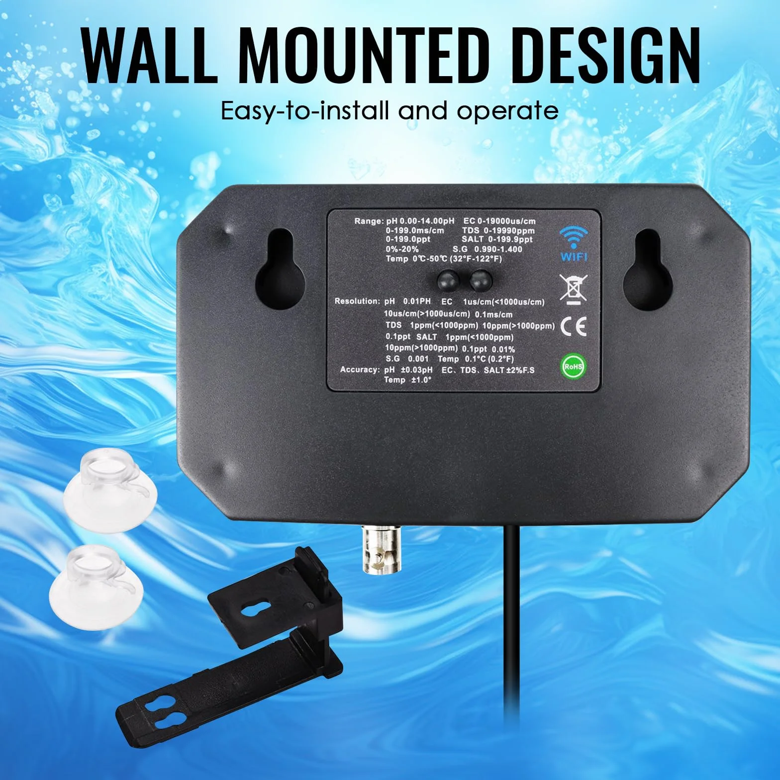 Tester jakości wody WLAN, monitor pH 6 w 1, mierzy pH/EC/TDS/zasolenie/ciężar i temperaturę, 24-godzinny monitoring aplikacji online i zapisywanie krzywych danych, miernik pH montowany na ścianie