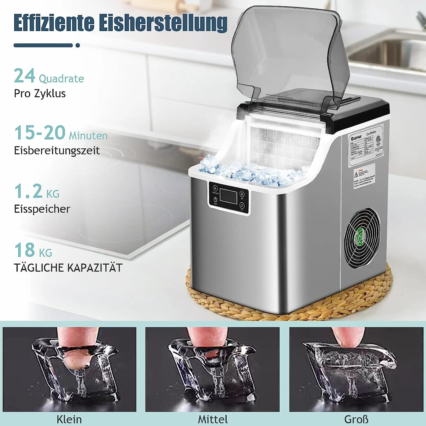 GOPLUS kostkarka do lodu 18 kg/24h 3,2 L zbiornik na wodę 1,2 kg koszyk na lód 24 kostki 15-20 min