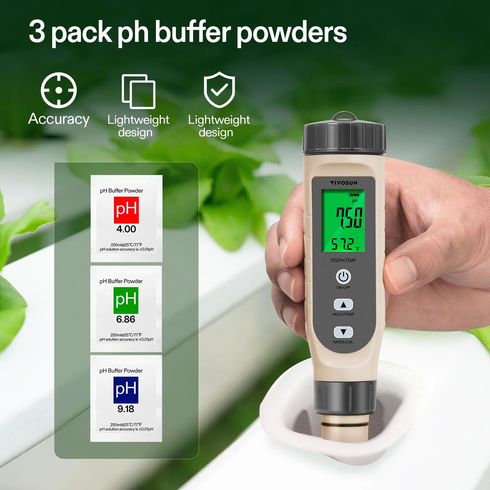 VIVOSUN 3-w-1 cyfrowy miernik pH z ATC, tester jakości wody z dokładnością ±0,1 pH, zakres pomiaru pH 0–14,0 do hydroponici, do domu, basenu i akwarium