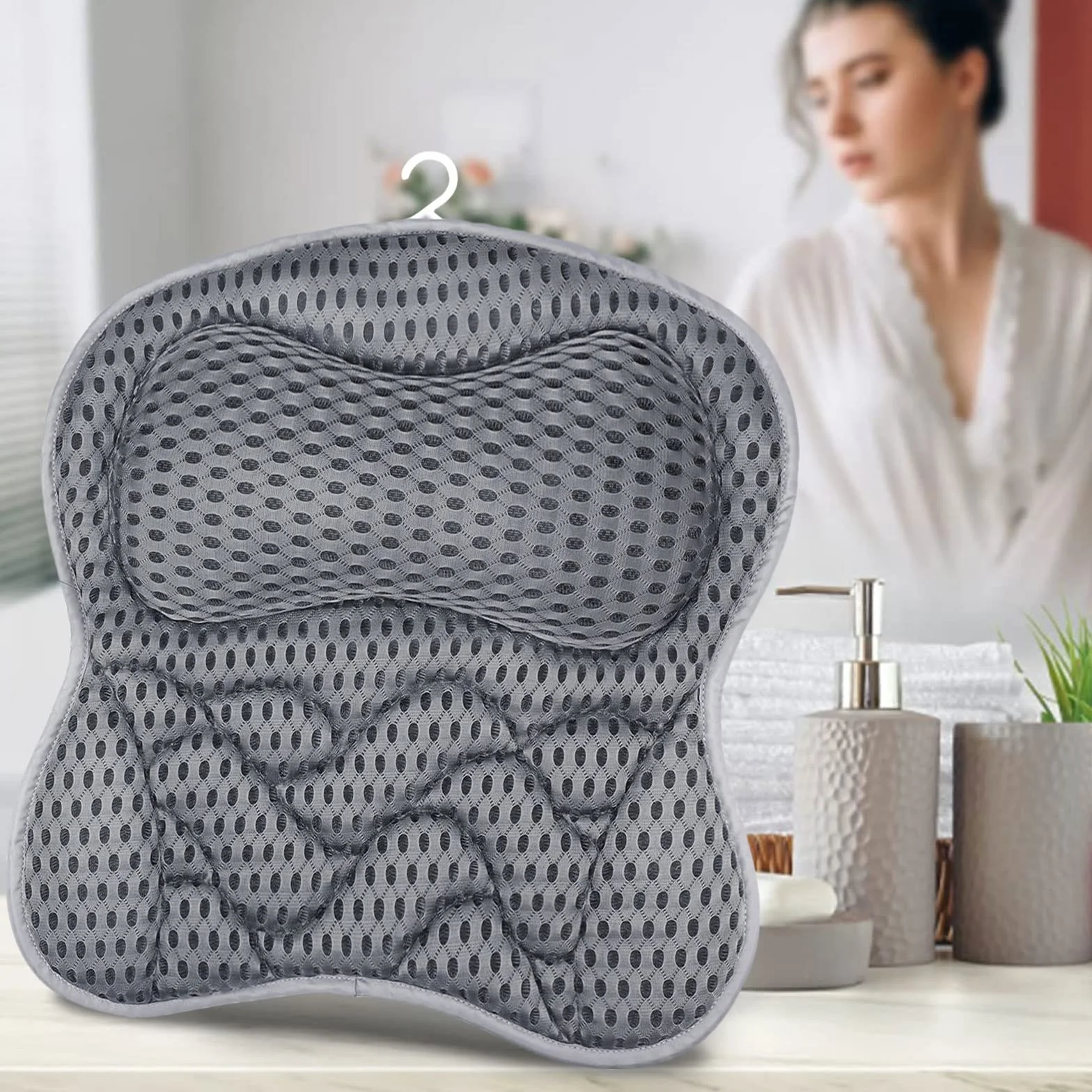 Poduszka do wanny Frasheng z przyssawkami, poduszka do wanny Oddychająca siatka powietrzna 4D, poduszka do kąpieli na relaks szyi i pleców, ergonomiczna poduszka do wanny na szyję, poduszka do kąpieli spa, szara