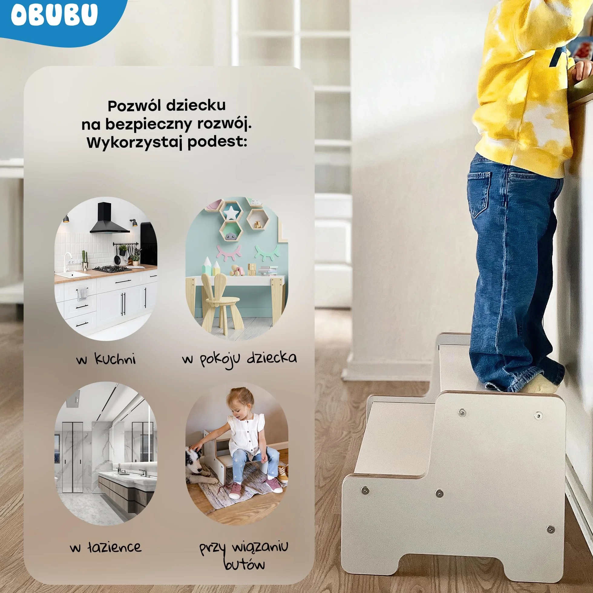 Montessori taboret do schodków dla dzieci, idealny do pokoju dziecięcego, łazienki, do kuchni, do 60 kg, 2 stopnie, kolor biały