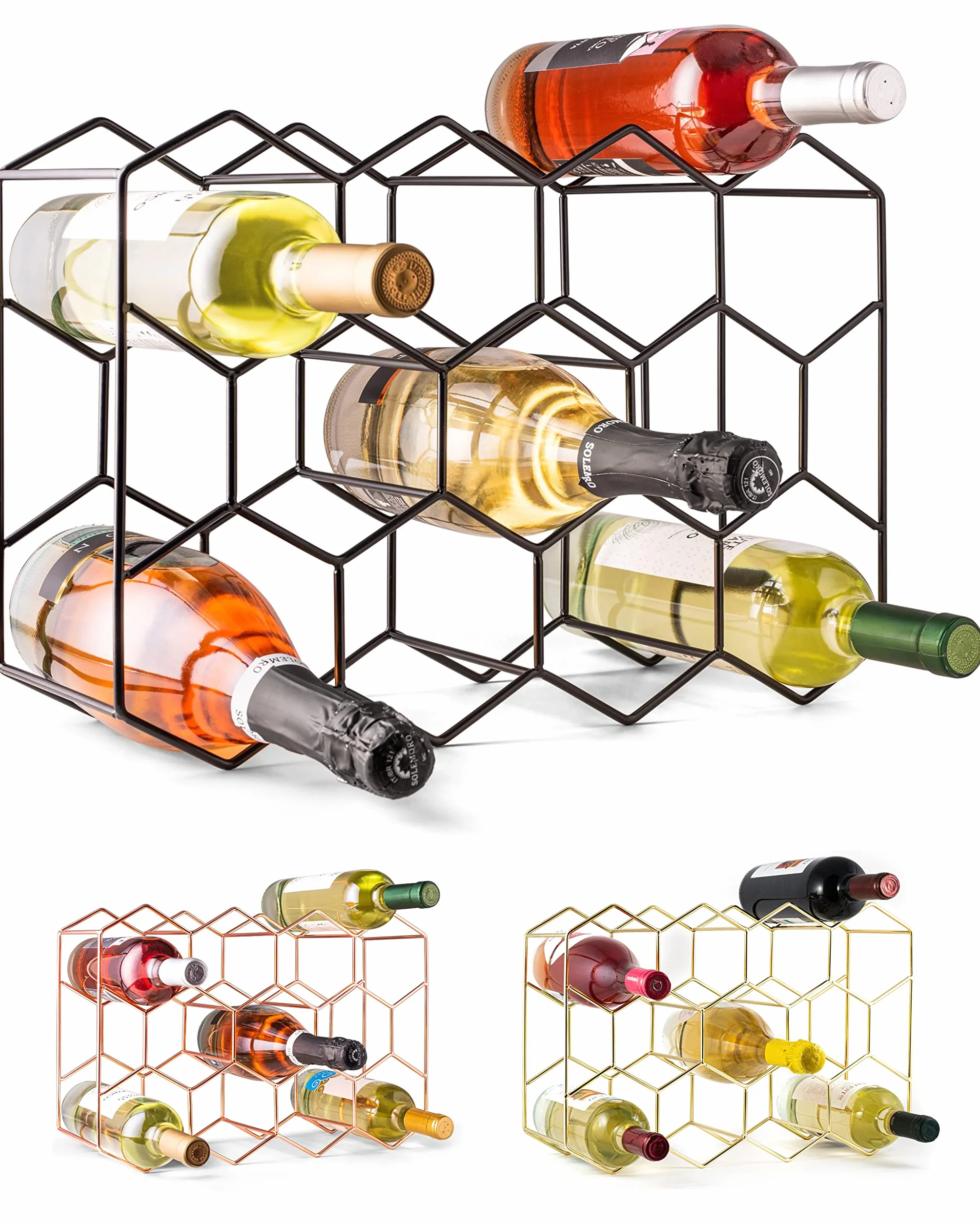 Gusto Nostro Stojak na wino na blacie, 14 butelek, wolnostojący, nowoczesny, czarny, metalowy, mały, 3-poziomowy stojak na wino, stojak na wino, bez konieczności montażu