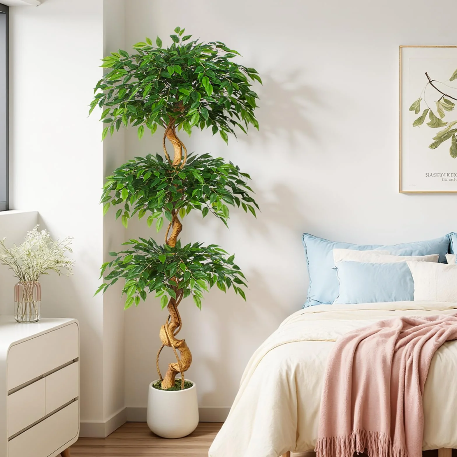 Sztuczna roślina Ficus, 180 cm, z białą doniczką, duże jak prawdziwe, z zakrzywionym pniem i 1860 liśćmi, sztuczne drzewo do dekoracji wnętrz, salonu, sypialni, biura, ogrodu, domu