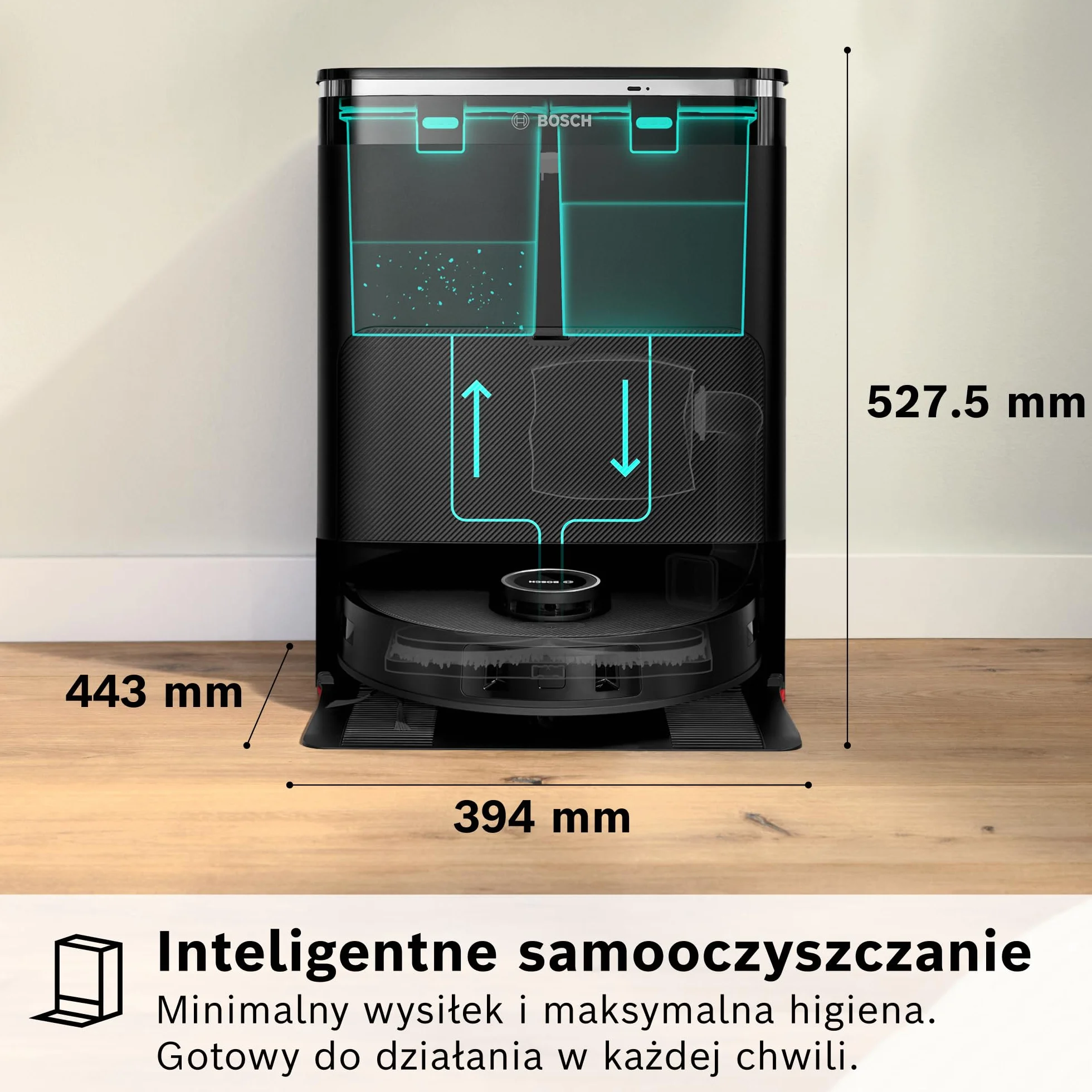 Bosch Spotless Max Cam Robot sprzątający, moc ssania 11000Pa, stacja czyszcząca, Smart Vision, Home Connect, czarny