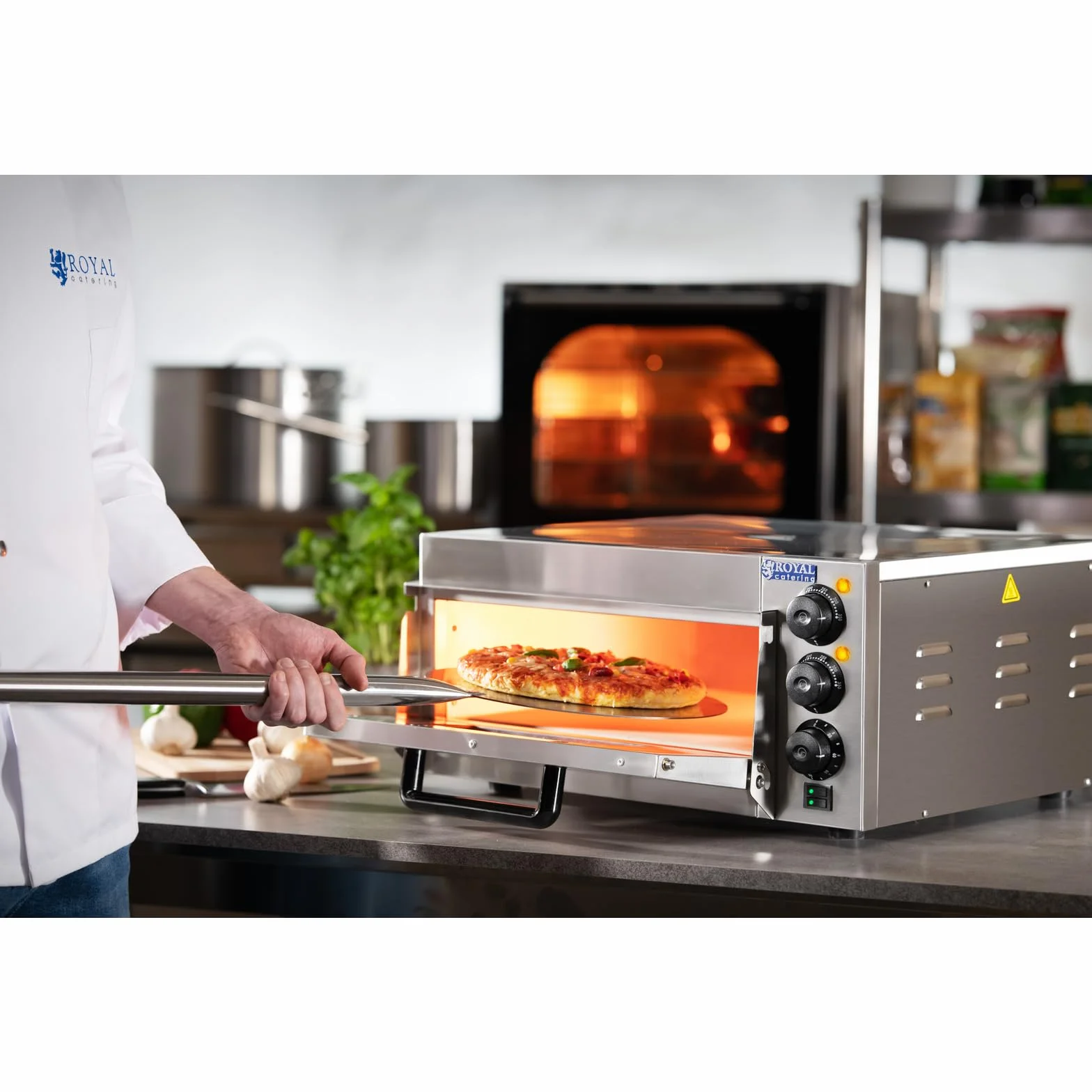 Royal Catering RCPO-2000-1PE piec do pizzy elektryczny 2000 W, 1 komora, piecyk do pizzy, piecyk szamotowy, dno szamotowe