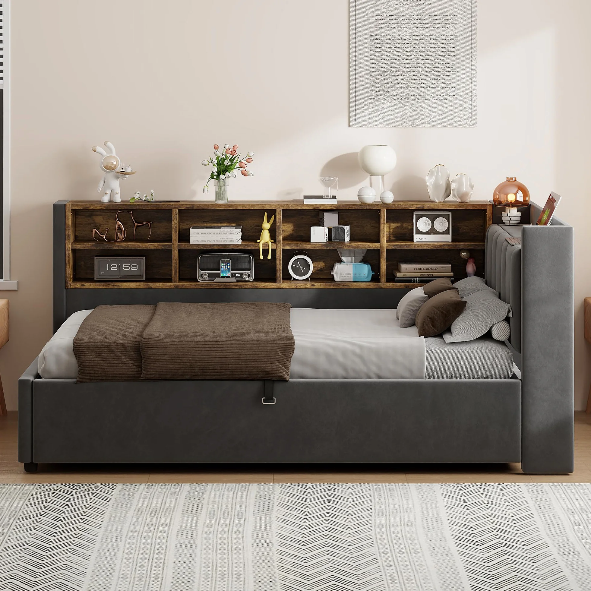Dolamaní Nowoczesne łóżko pojedyncze 90 x 200 cm, aksamitny materiał, łóżko tapicerowane z hydraulicznym schowkiem, podwójne ściany boczne ze schowkami i diodami LED i USB, łóżko funkcyjne do pokoju