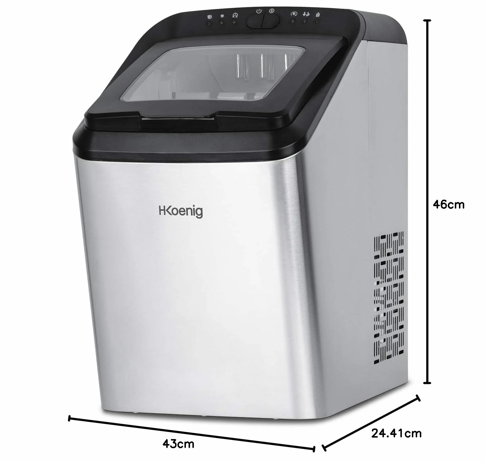 H.Koenig Kostkarka do lodu KBP40 15 kg w ciągu 24 godzin, szybki czas produkcji 9 min, 2 rozmiary kostek lodu, możliwość podłączenia wody, pojemność 2,8 l, obudowa ze stali nierdzewnej, łopatka do lodu