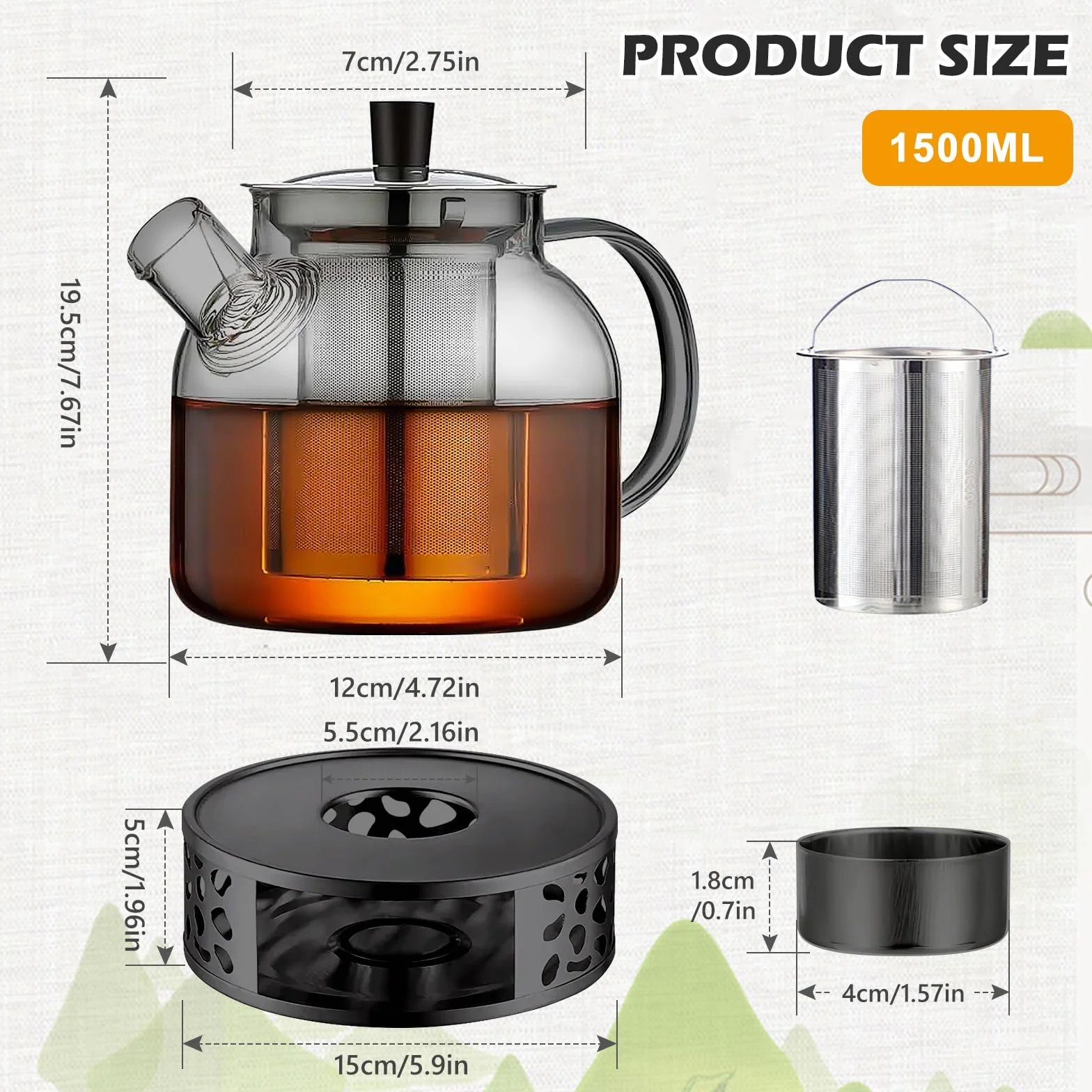 Dzbanek do herbaty 1500ml z sitkiem, dzbanek do herbaty z podgrzewaczem, szklany dzbanek do herbaty z podgrzewaczem ze stali nierdzewnej, szklany zaparzacz do herbaty, serwis do herbaty do herbaty