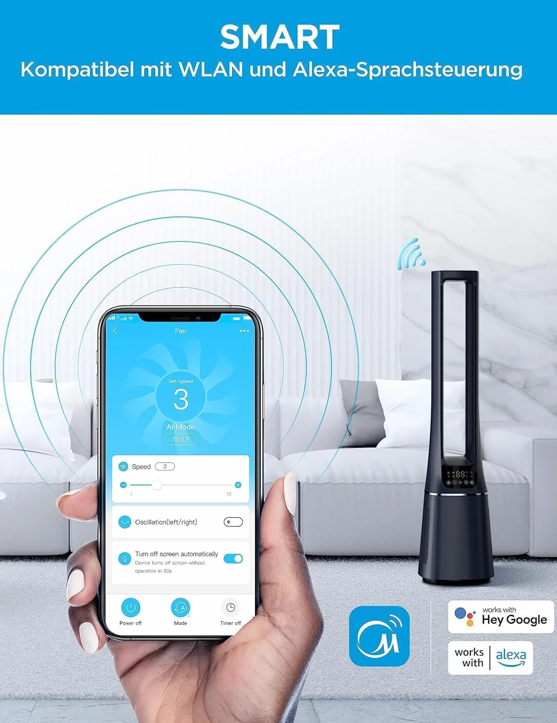 Midea MFP-120i (BL) wentylator kolumnowy 2 w 1, cichy, 38 dB, oczyszczacz powietrza, H13, True HEPA na wyświetlaczu LED 47,6 ㎡, pilot zdalnego sterowania, oscylacja, timer 12 h, kompatybilny z