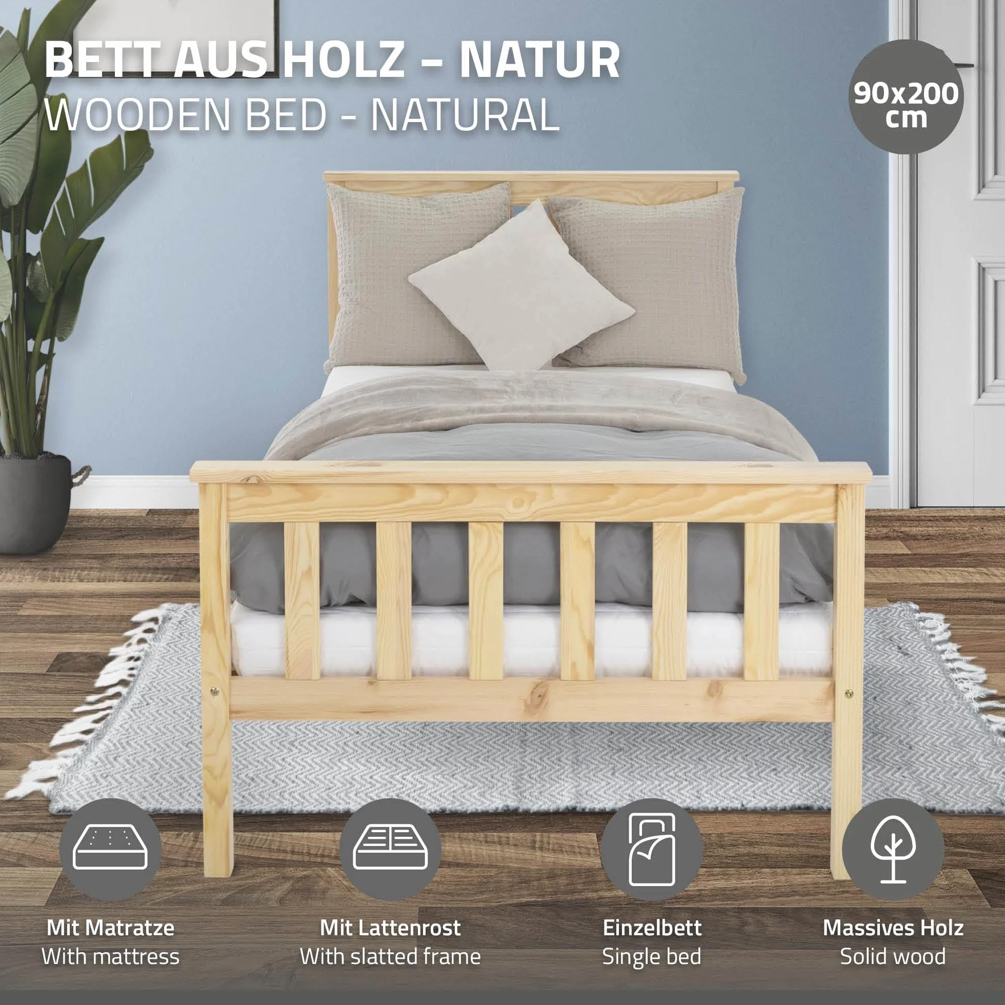 Łóżko drewniane ML-Design 90x200 cm Natural z materacem H:16cm, drewno sosnowe, lite drewno z listwową ramą i nogami, pojedyncze z wezgłowiem i podnóżkiem