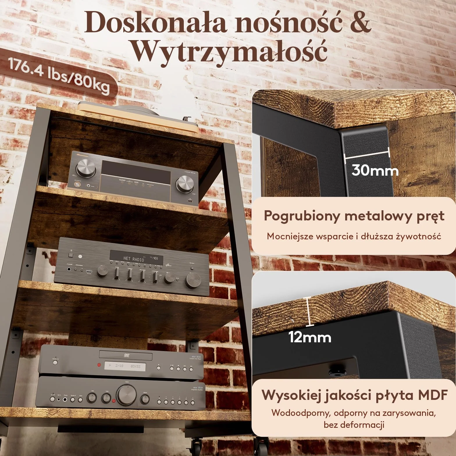 Lifewit 4-Poziomowy Stojak Multimedialny AV z gniazdami, Półkami Stereo z Oświetleniem LED, Kółkami i Regulowanymi Gramofony, Rolowana Konsola Szafka wieżę Multimedialną, Brązowy Rustykalny