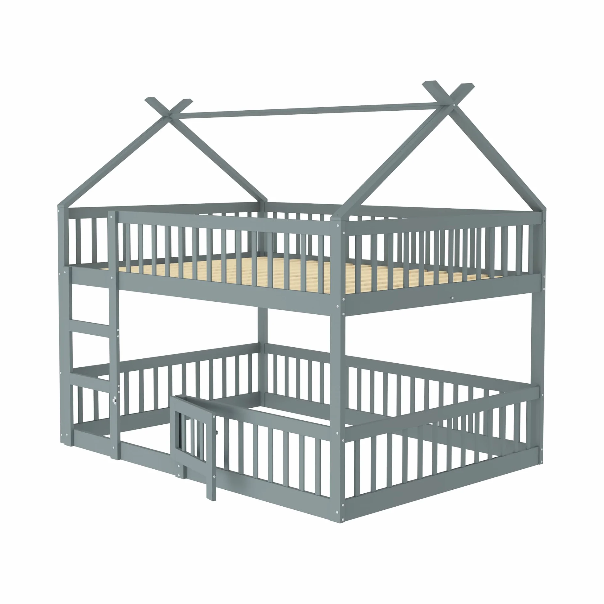 Dziecięce łóżko piętrowe 140 x 200, rodzinne łóżko dziecięce, ze schodami, styl loft, rama łóżka piętrowego z litego drewna, kolor szary