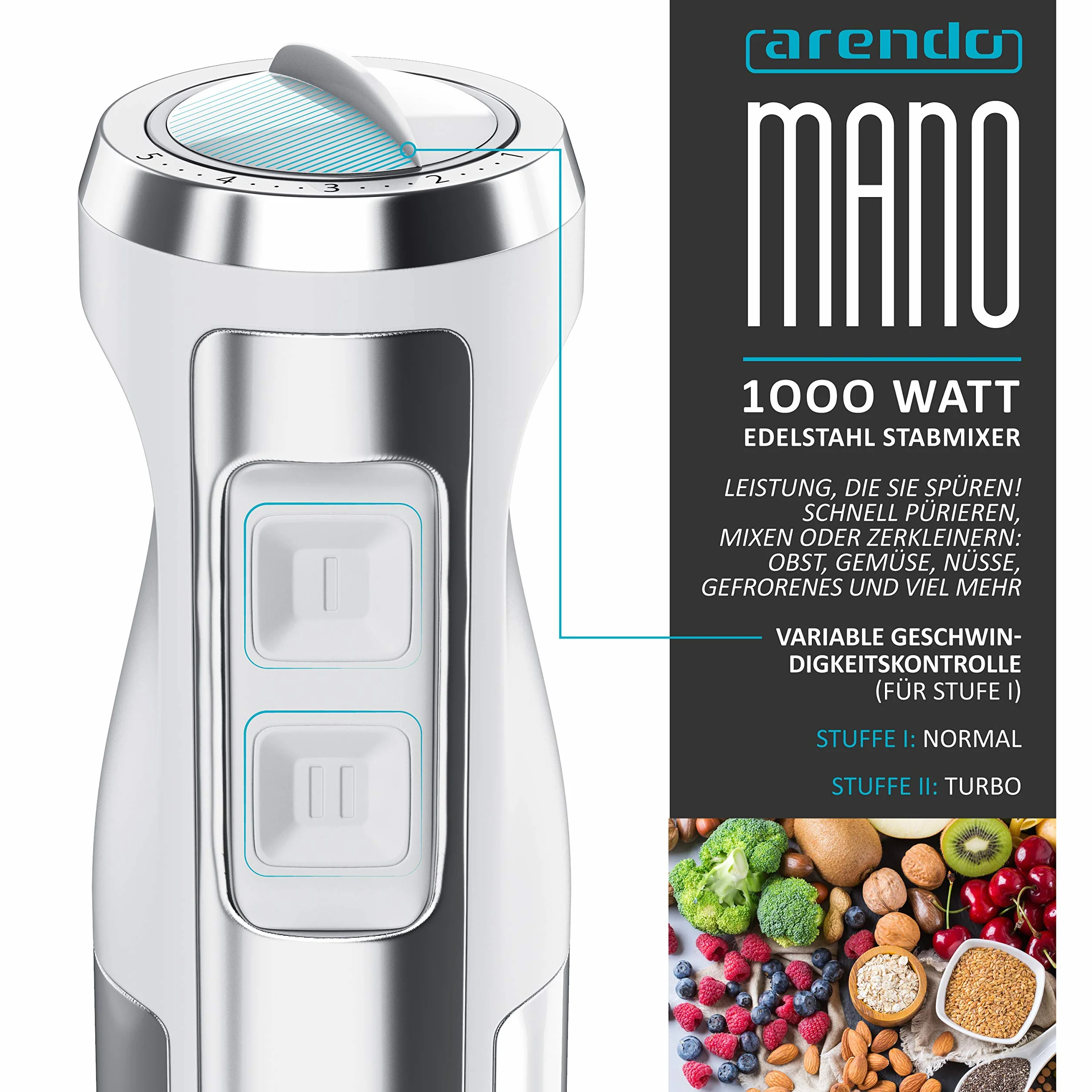 Arendo - Blender ręczny 1000 W - blender ze stali nierdzewnej - blender - czterolistny nóż - bezstopniowa regulacja prędkości - przycisk turbo - mocny silnik 1000 W - GS - z miarką - biały